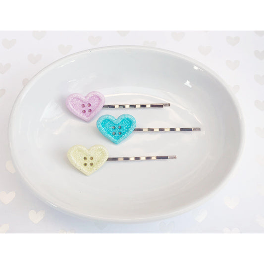 Pink, Yellow & Blue Glitter Heart Hair Pins - Sparkling & Colorful Hair Accessories