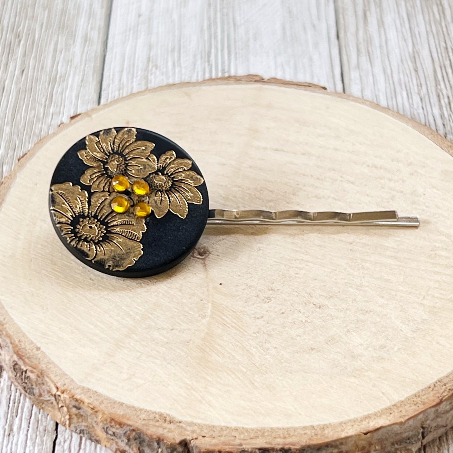 Black & Gold Sunflower Silver Bobby Pin - Elegant Floral Hair Accessory