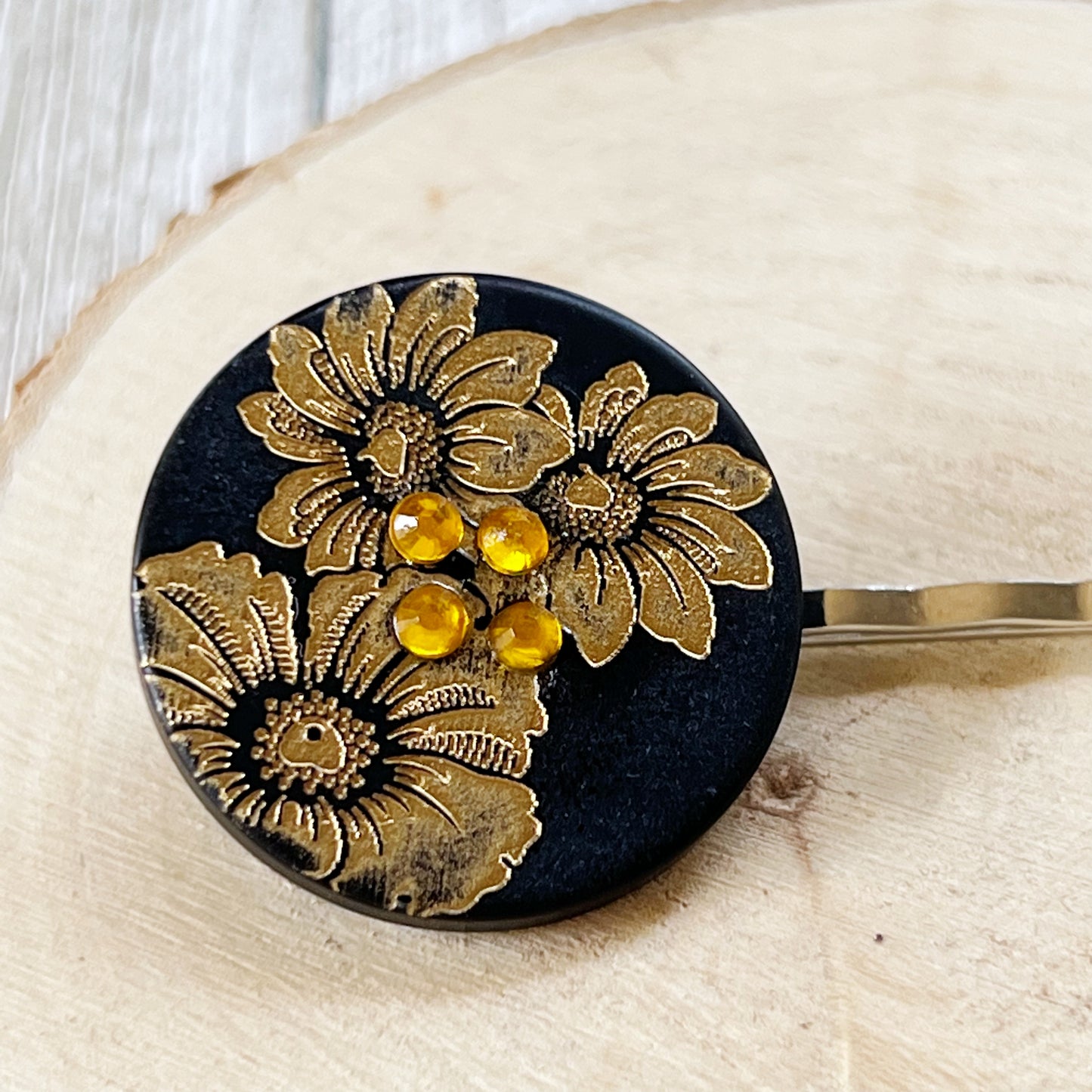 Black & Gold Sunflower Silver Bobby Pin - Elegant Floral Hair Accessory