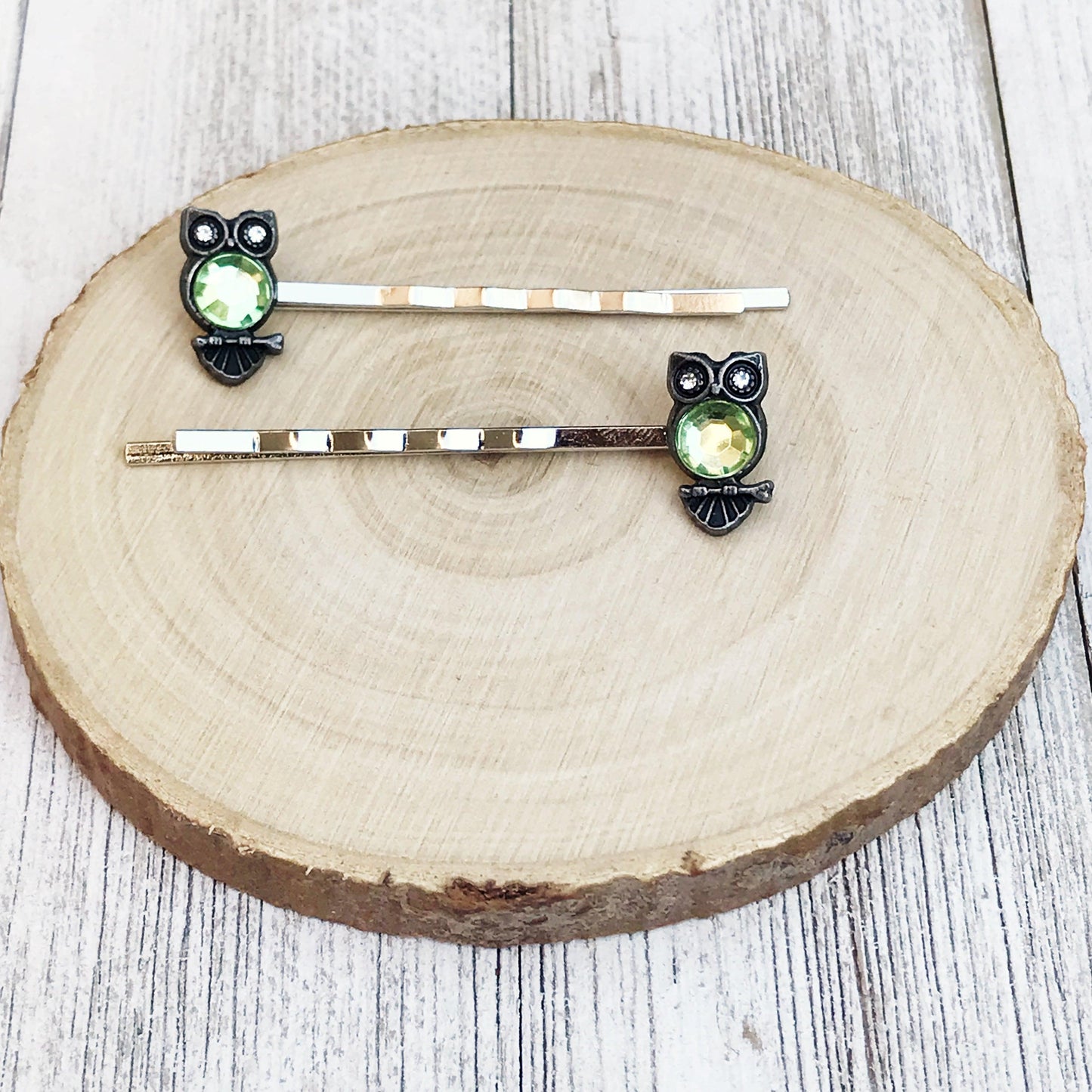 Light Green Rhinestone Owl Bobby Pins: Sparkling Owl Accents for Unique Hairstyles