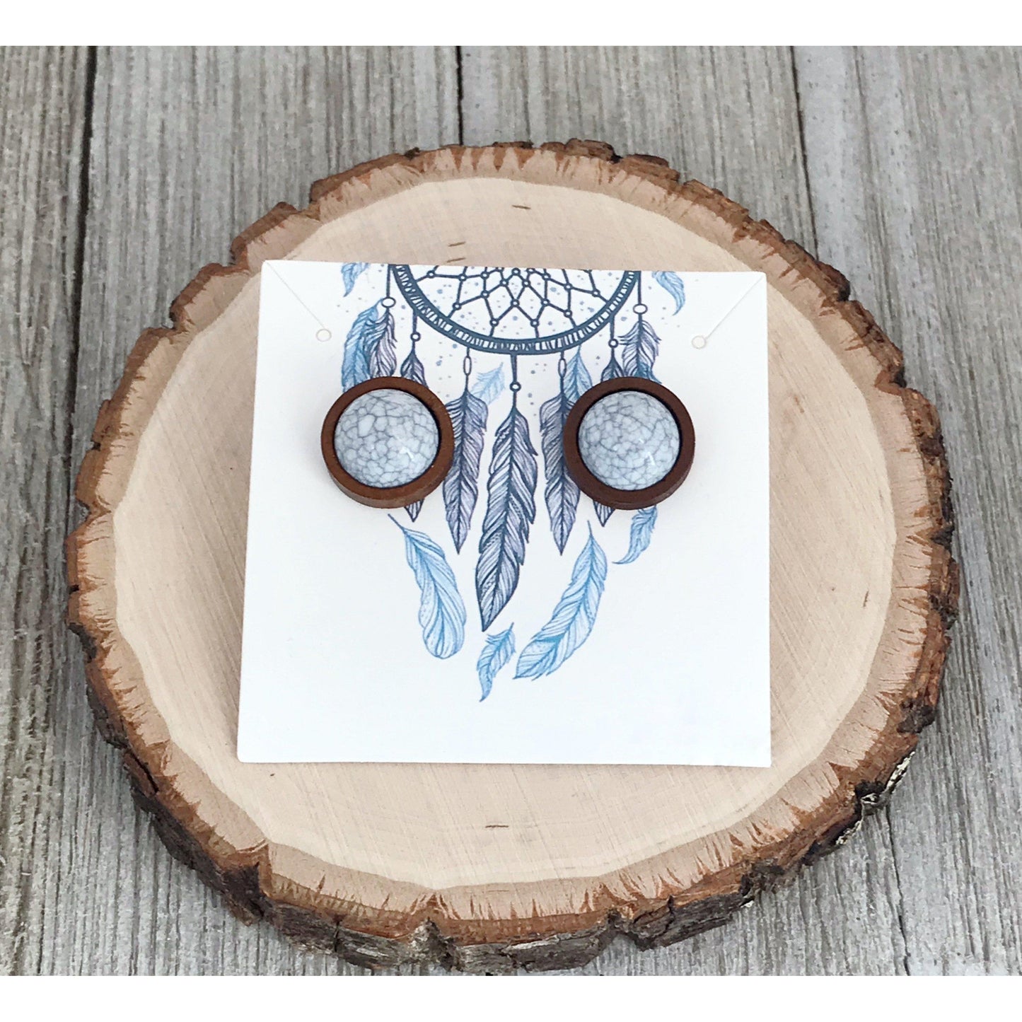 White Stone Wood Stud Earrings - Boho Chic Western Jewelry for Rustic Elegance