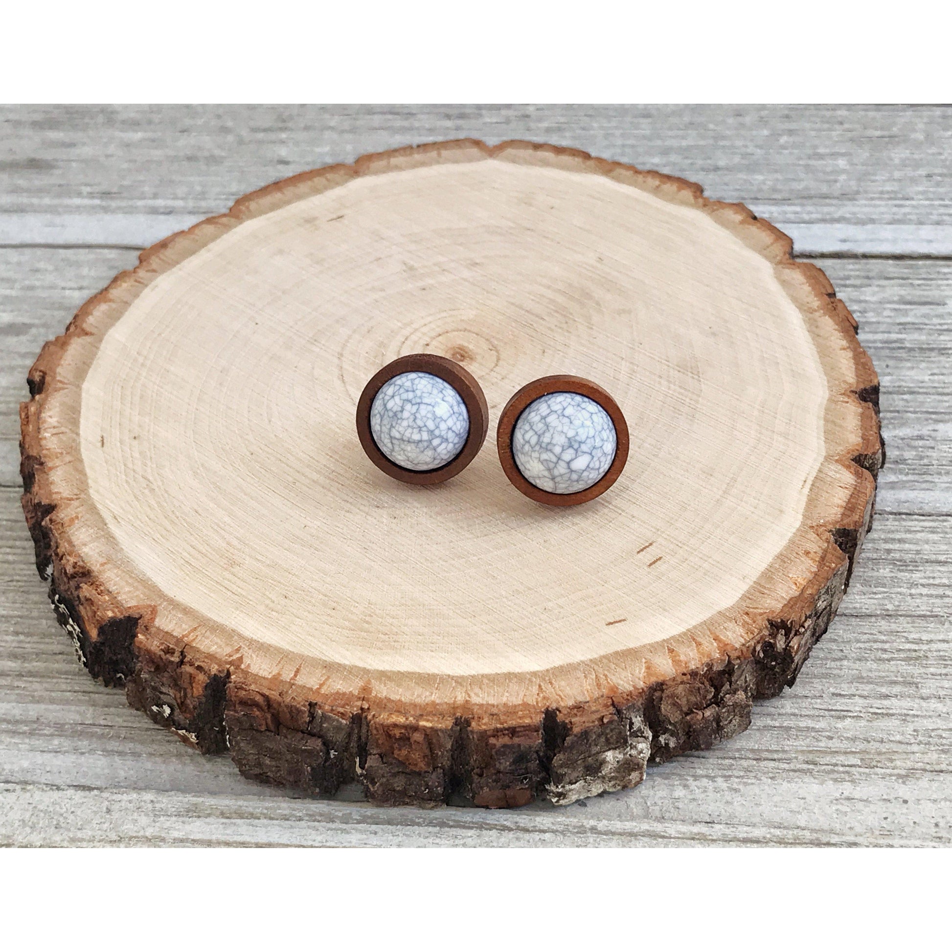 White Stone Wood Stud Earrings - Boho Chic Western Jewelry for Rustic Elegance