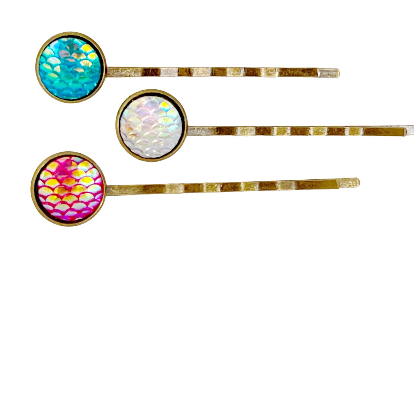 Brass Mermaid Hair Pins: Set of 3 in Pink, White, and Blue Colors for Enchanting Hairstyles