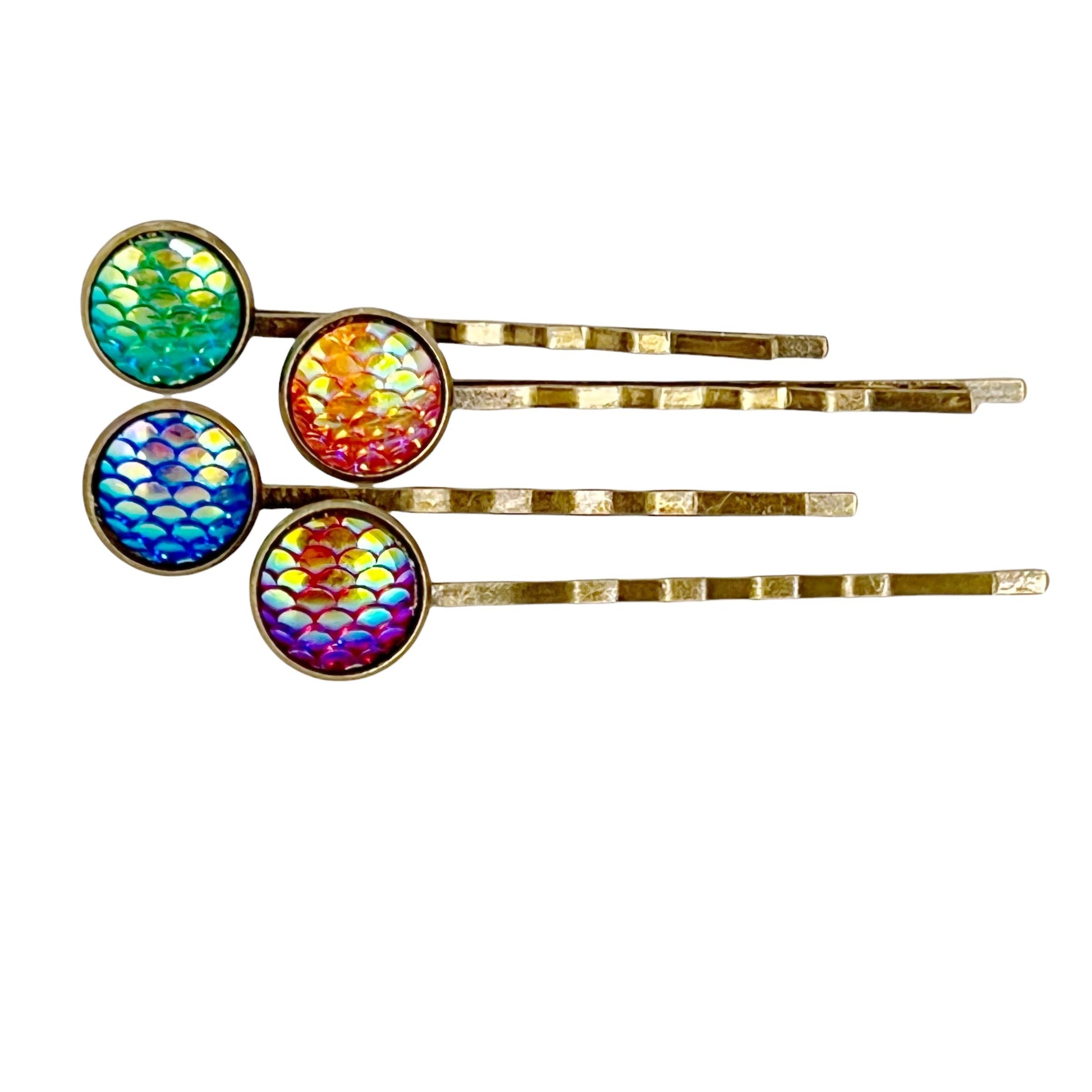 Brass Mermaid Hair Pins: Set of 4 in Purple, Green, Red, & Blue Colors for Enchanting Hairstyles