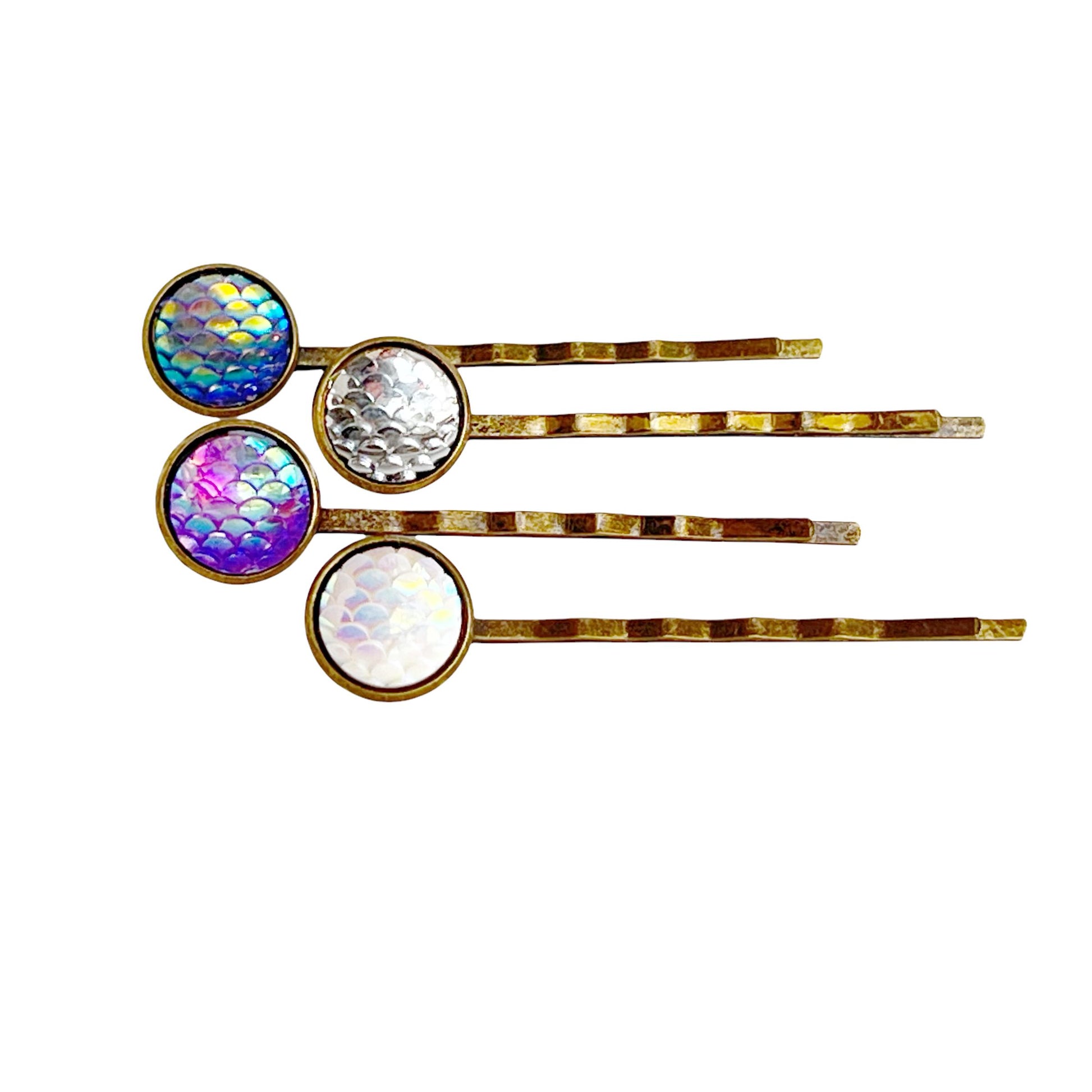 Brass Mermaid Hair Pins: Set of 4 in Purple, Silver, White, and Blue Colors for Enchanting Hairstyles