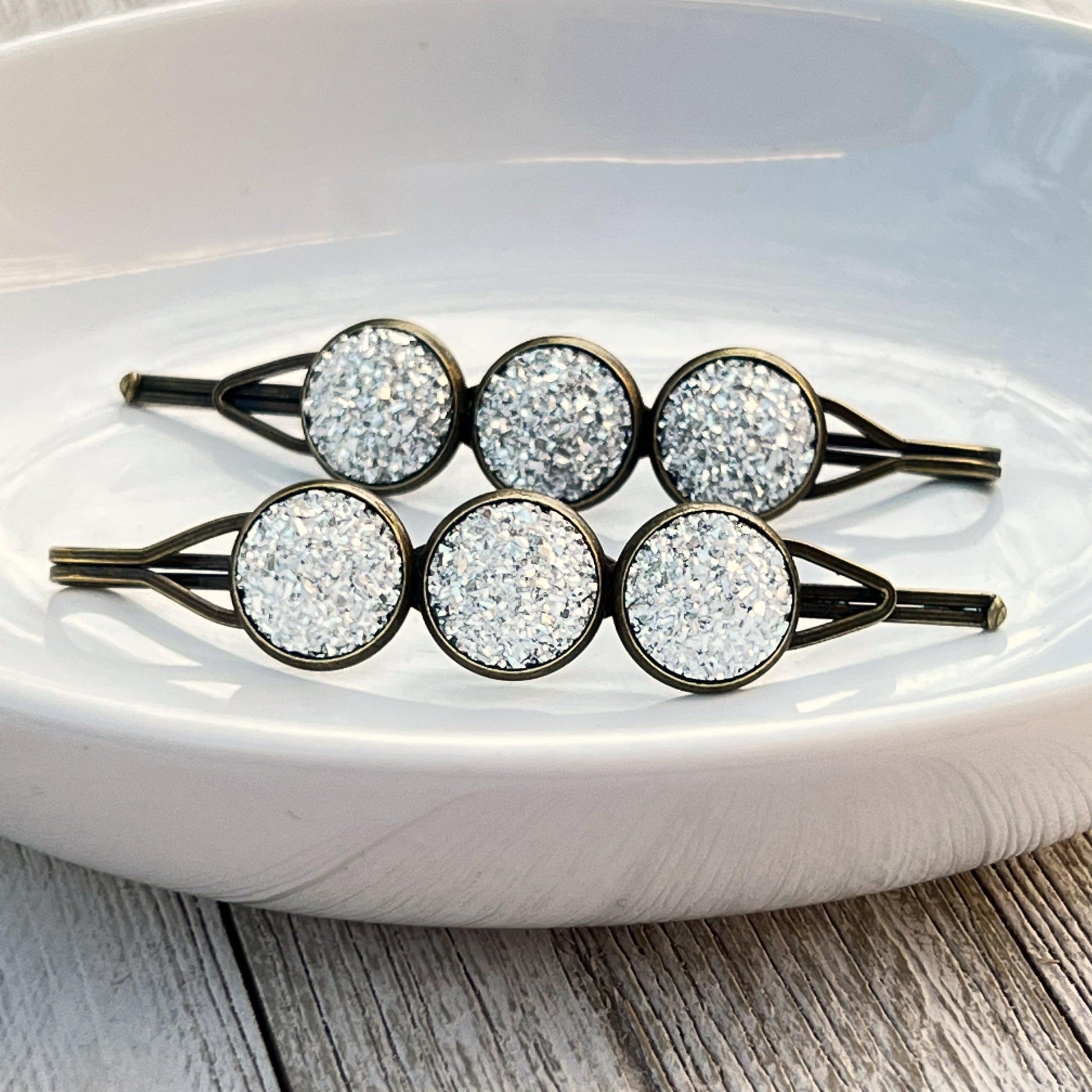 Metallic Silver Druzy Brass Hair Pins - Stylish & Elegant Hair Accessories