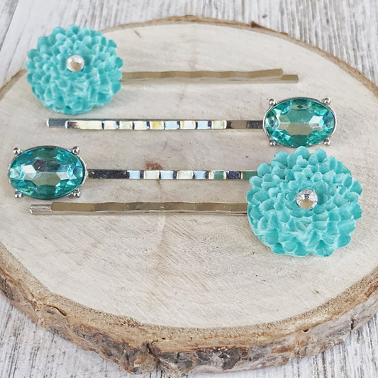 Mint Green Flower Bobby Pins, Rhinestone Jewelry, Womens Hair Clips, Decorative Hair Accessories Gift, Hair Pin for Women, Barrette for Women