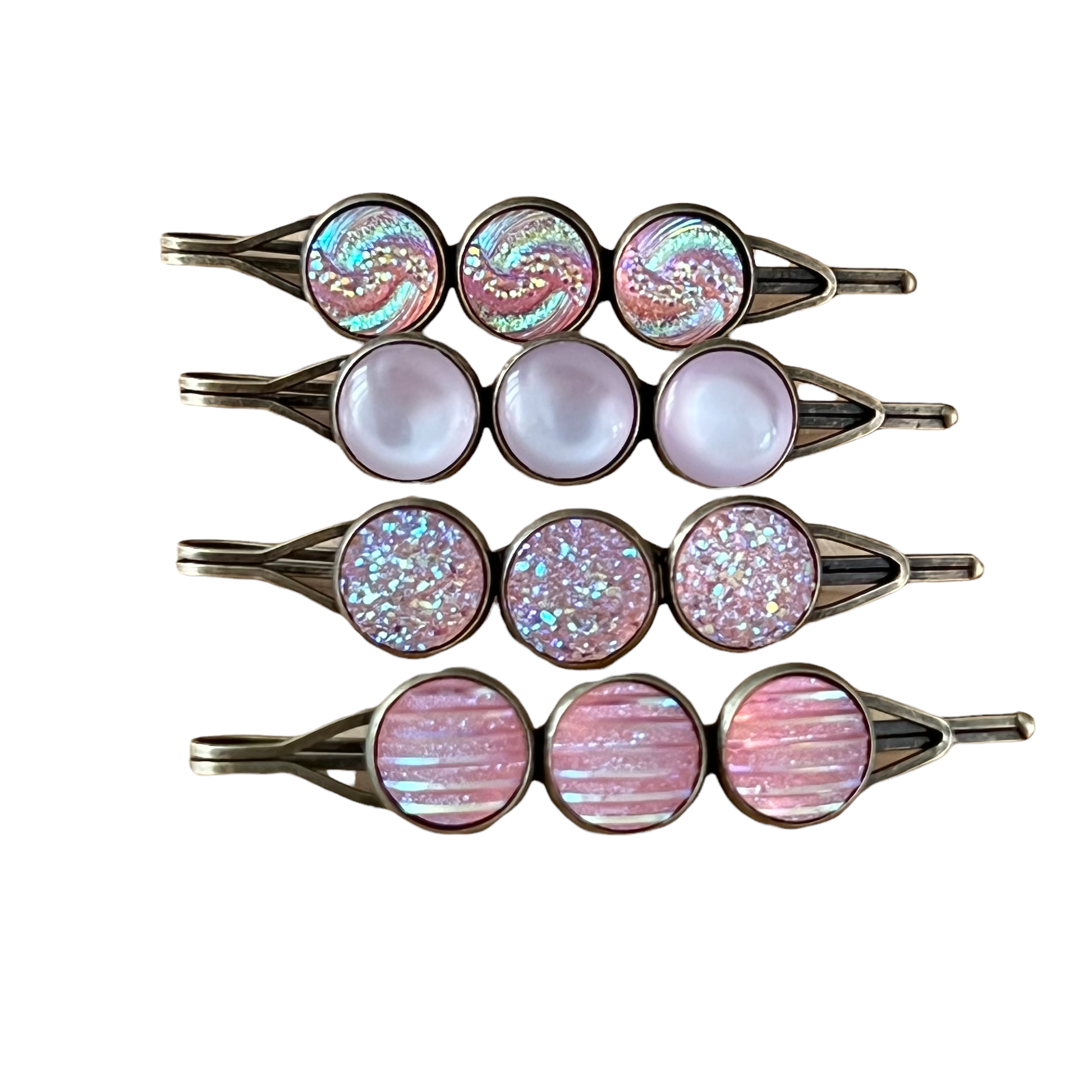 Pink Glitter Druzy Hair Pins - Set of 4 with Unique Pattern Designs