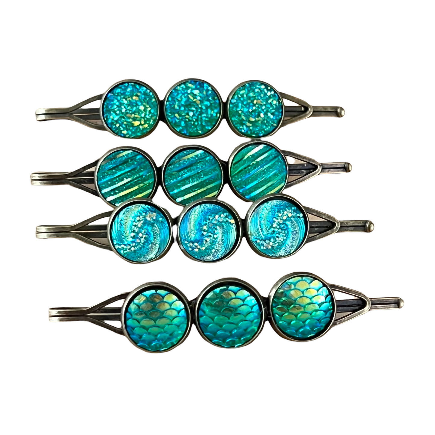 Green Glitter Druzy Hair Pin Set - Set of 4 with Unique Pattern Designs