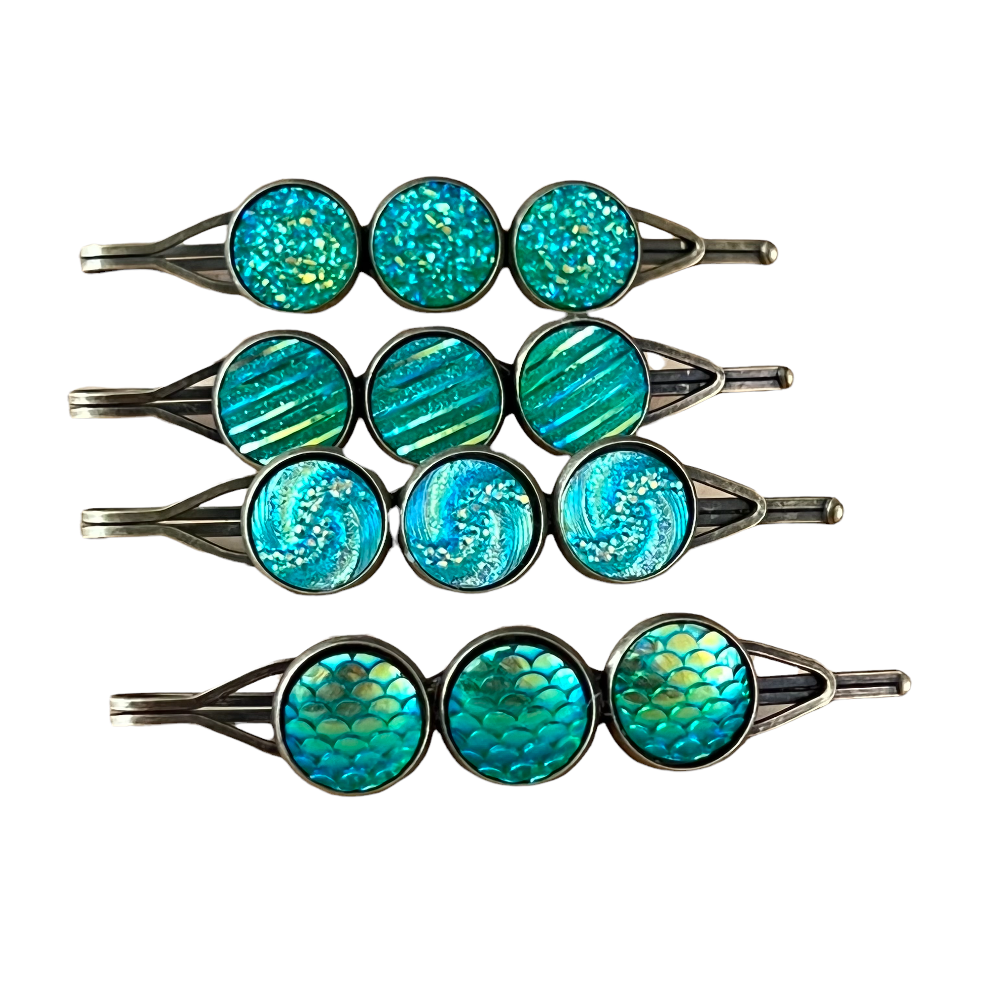 Green Glitter Druzy Hair Pin Set - Set of 4 with Unique Pattern Designs