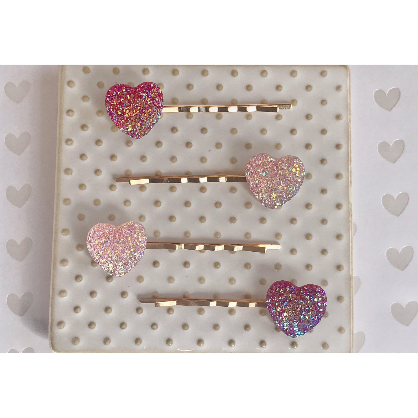 Pink Glitter Druzy Heart Hair Pins - Sparkling & Romantic Accessories