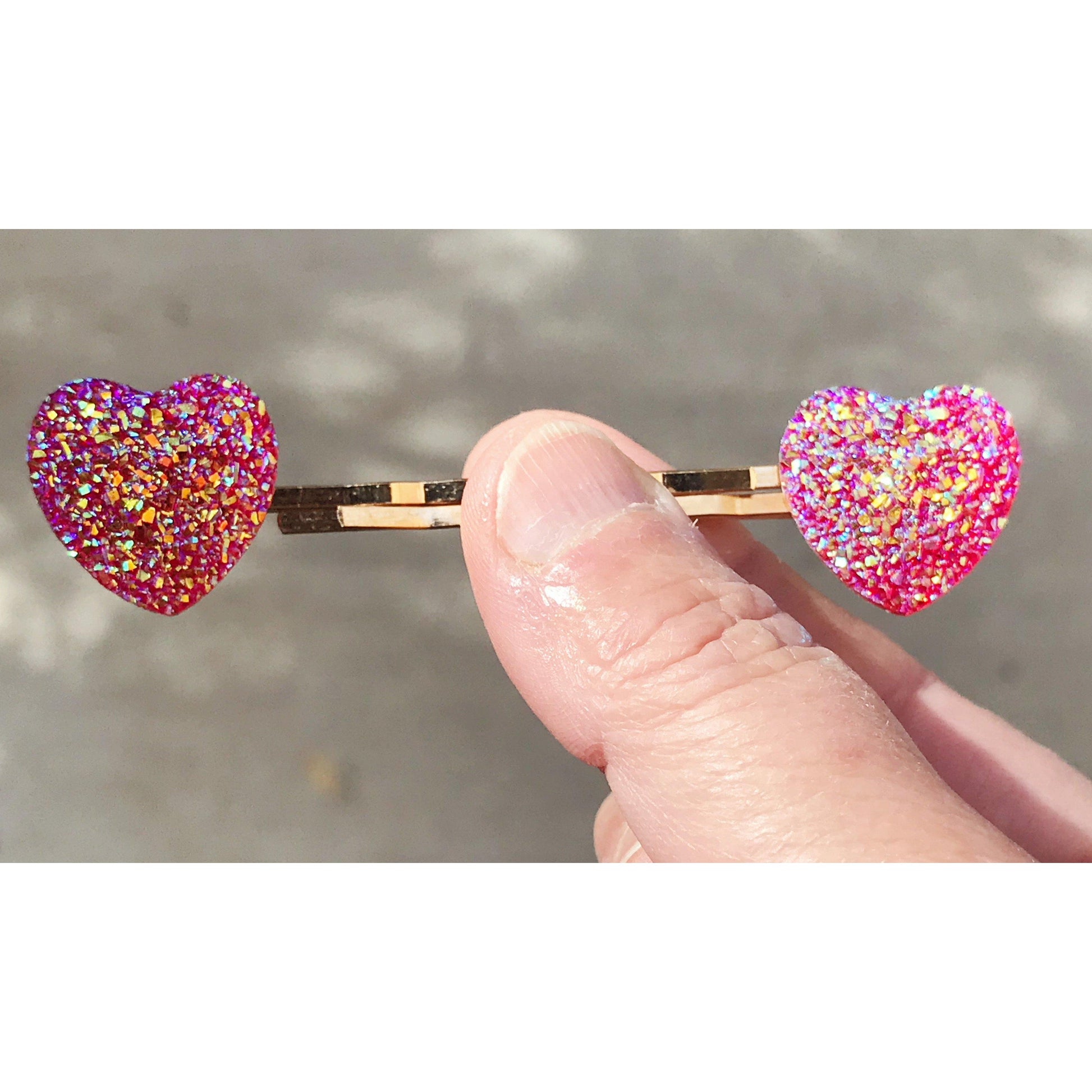 Pink Glitter Druzy Heart Hair Pins - Sparkling & Romantic Accessories