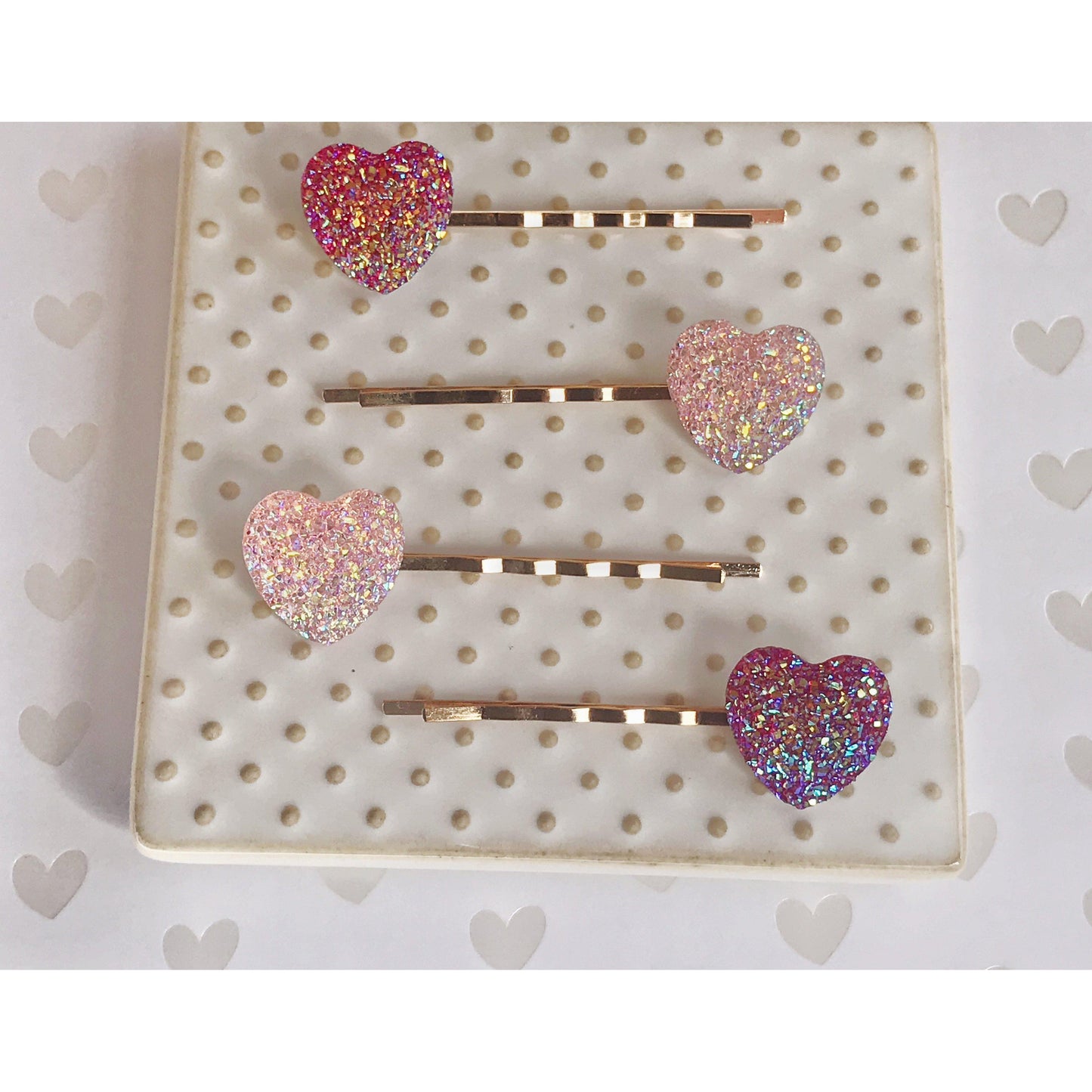 Pink Glitter Druzy Heart Hair Pins - Sparkling & Romantic Accessories