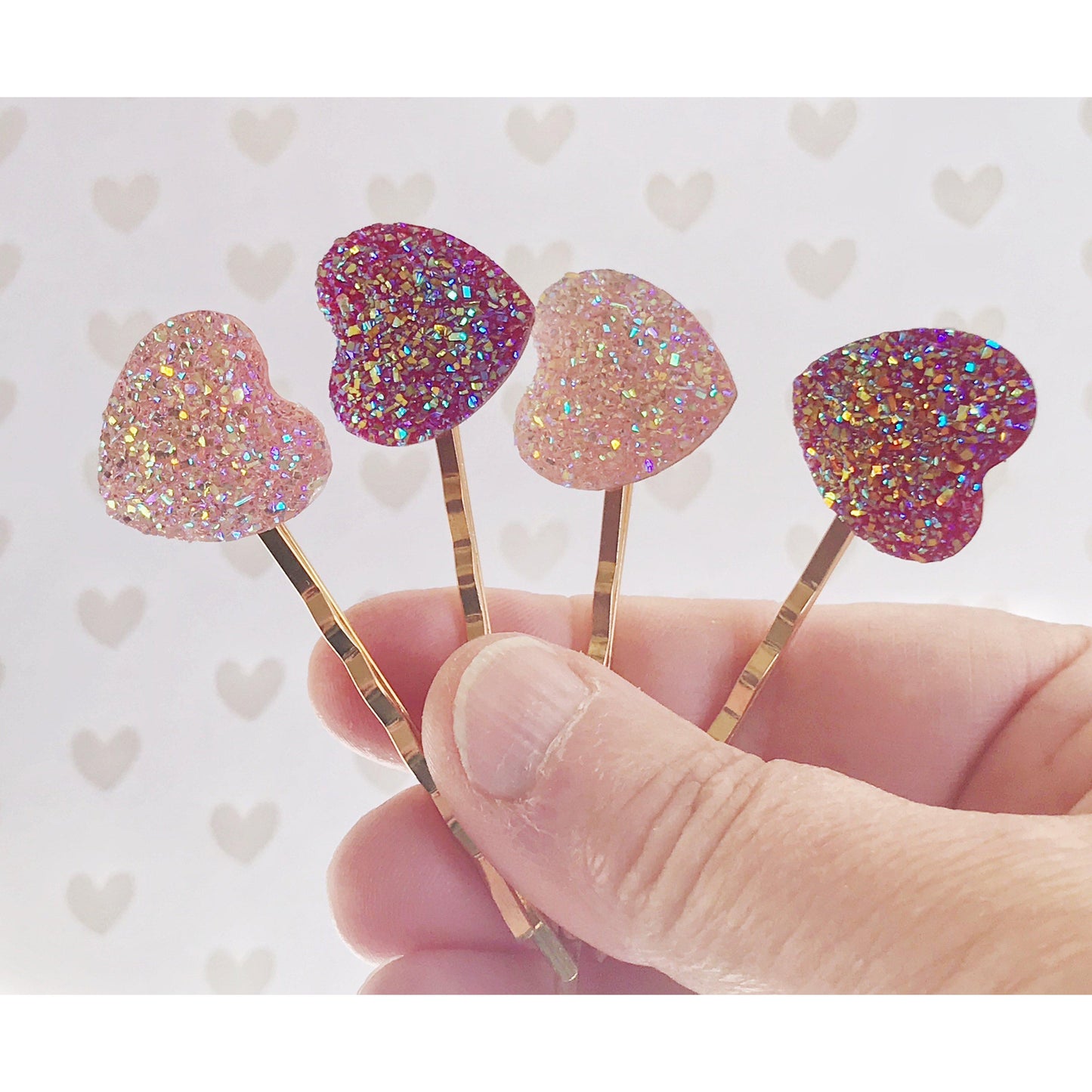 Pink Glitter Druzy Heart Hair Pins - Sparkling & Romantic Accessories