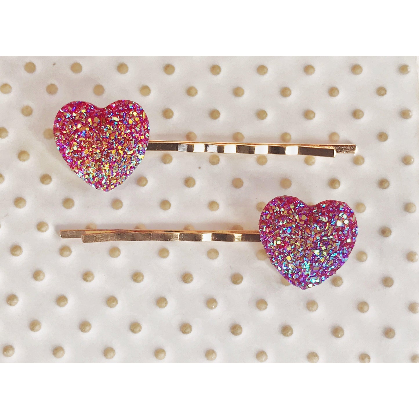 Pink Glitter Druzy Heart Hair Pins - Sparkling & Romantic Accessories