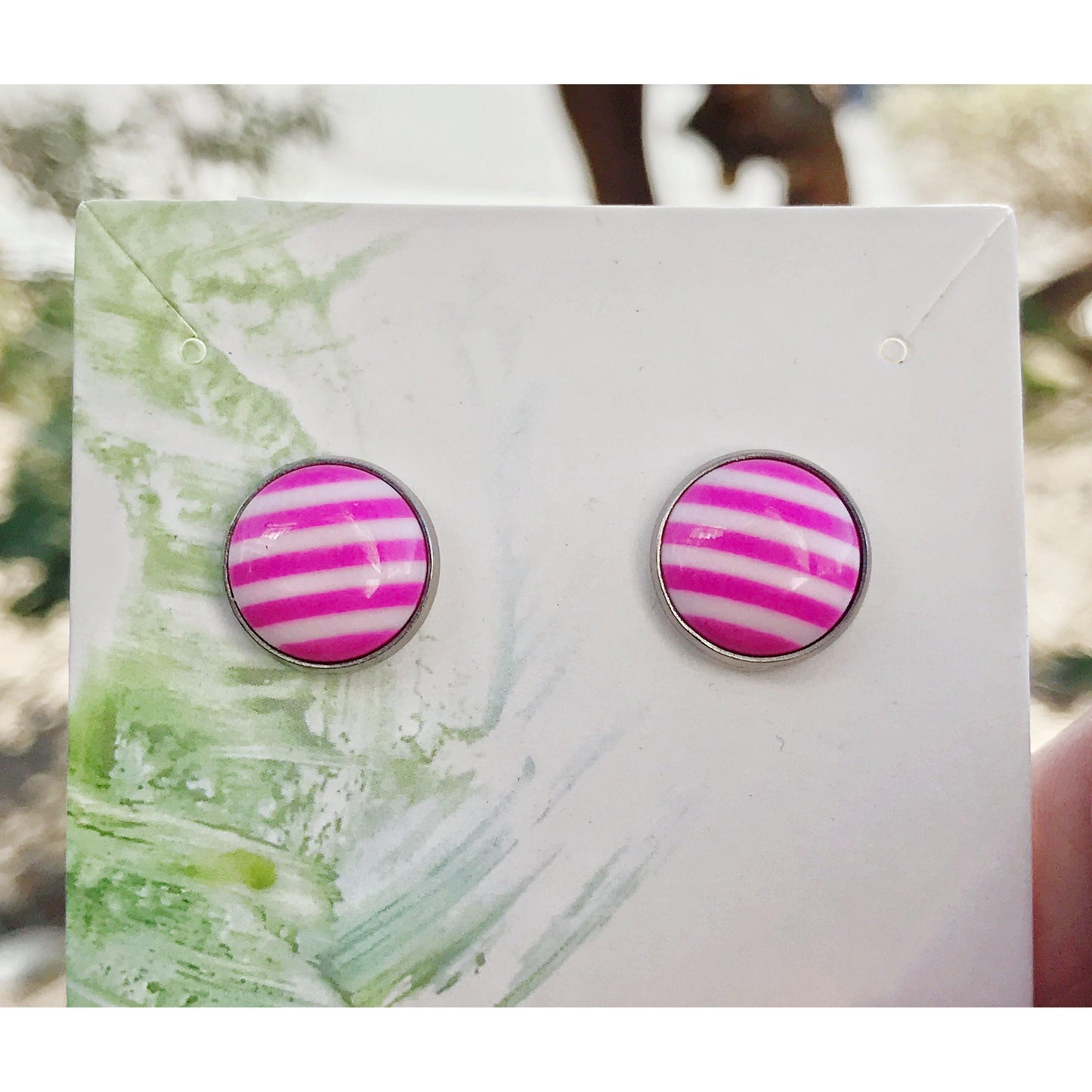 Pink & White Striped Silver Stud Earrings - Chic & Playful Accessories