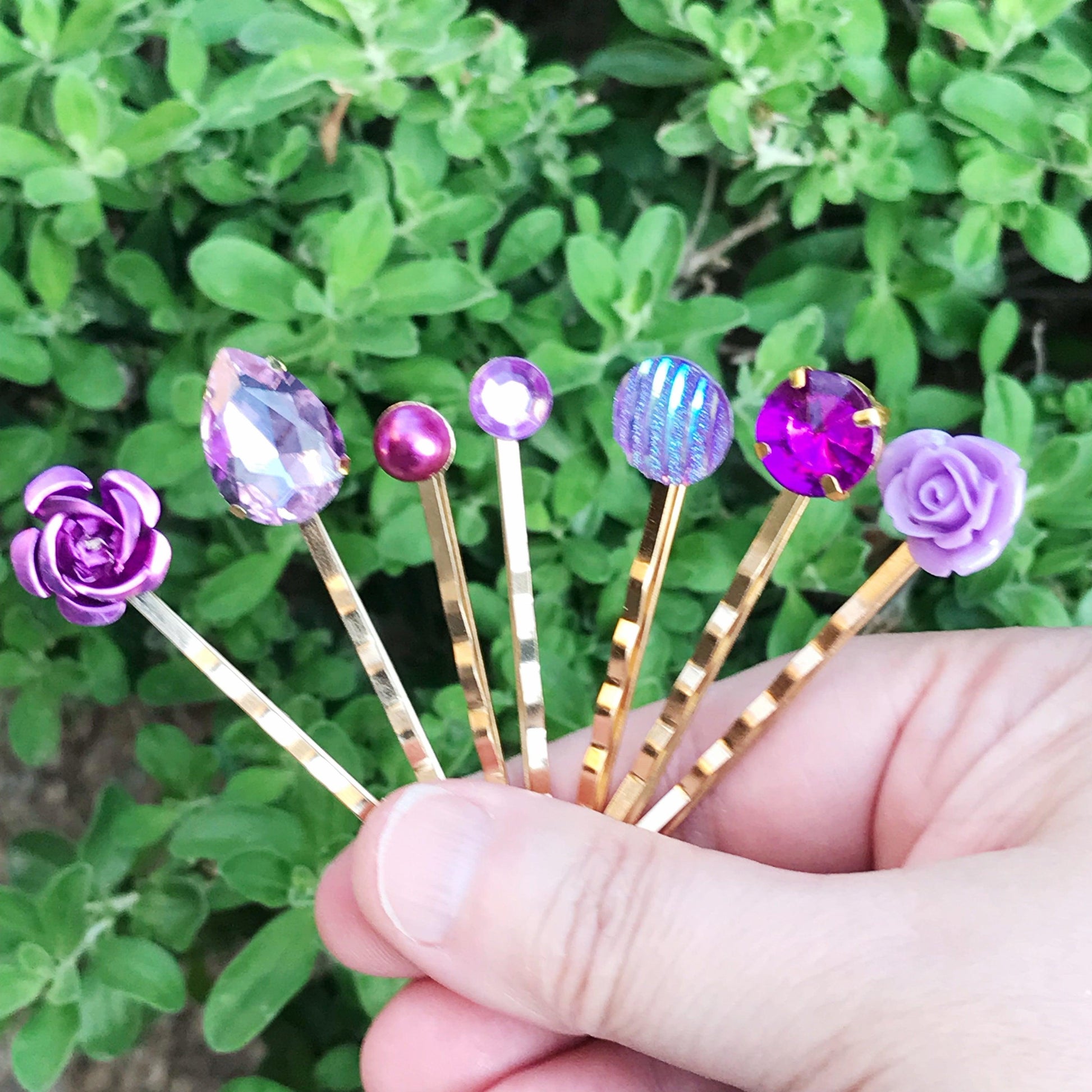 Purple & Gold Rhinestone Hair Pins - Elegant Floral Wedding Accessories