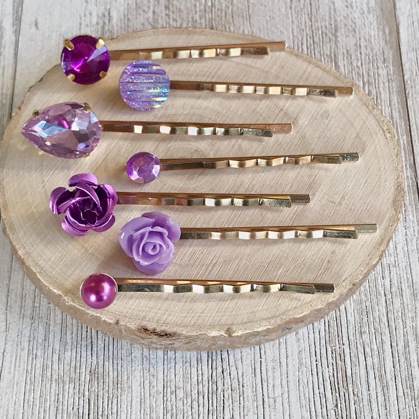 Purple & Gold Rhinestone Hair Pins - Elegant Floral Wedding Accessories