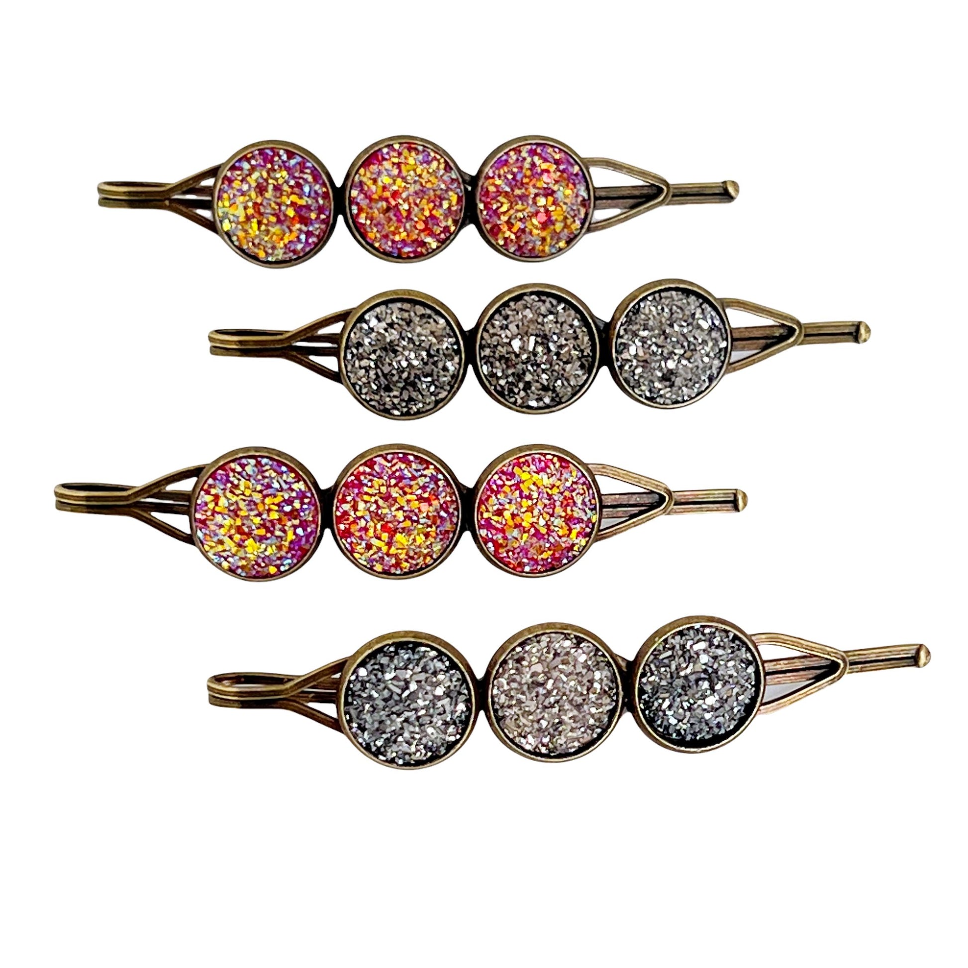 Metallic Gray & Pink Druzy Bobby Pins: Set of 4 Stylish Hair Accessories for Every Occasion