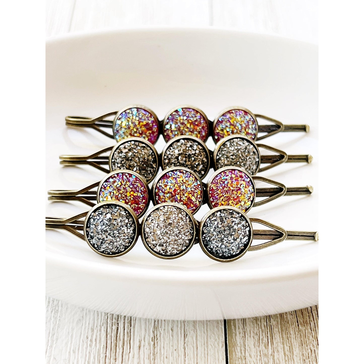 Metallic Gray & Pink Druzy Bobby Pins: Set of 4 Stylish Hair Accessories for Every Occasion