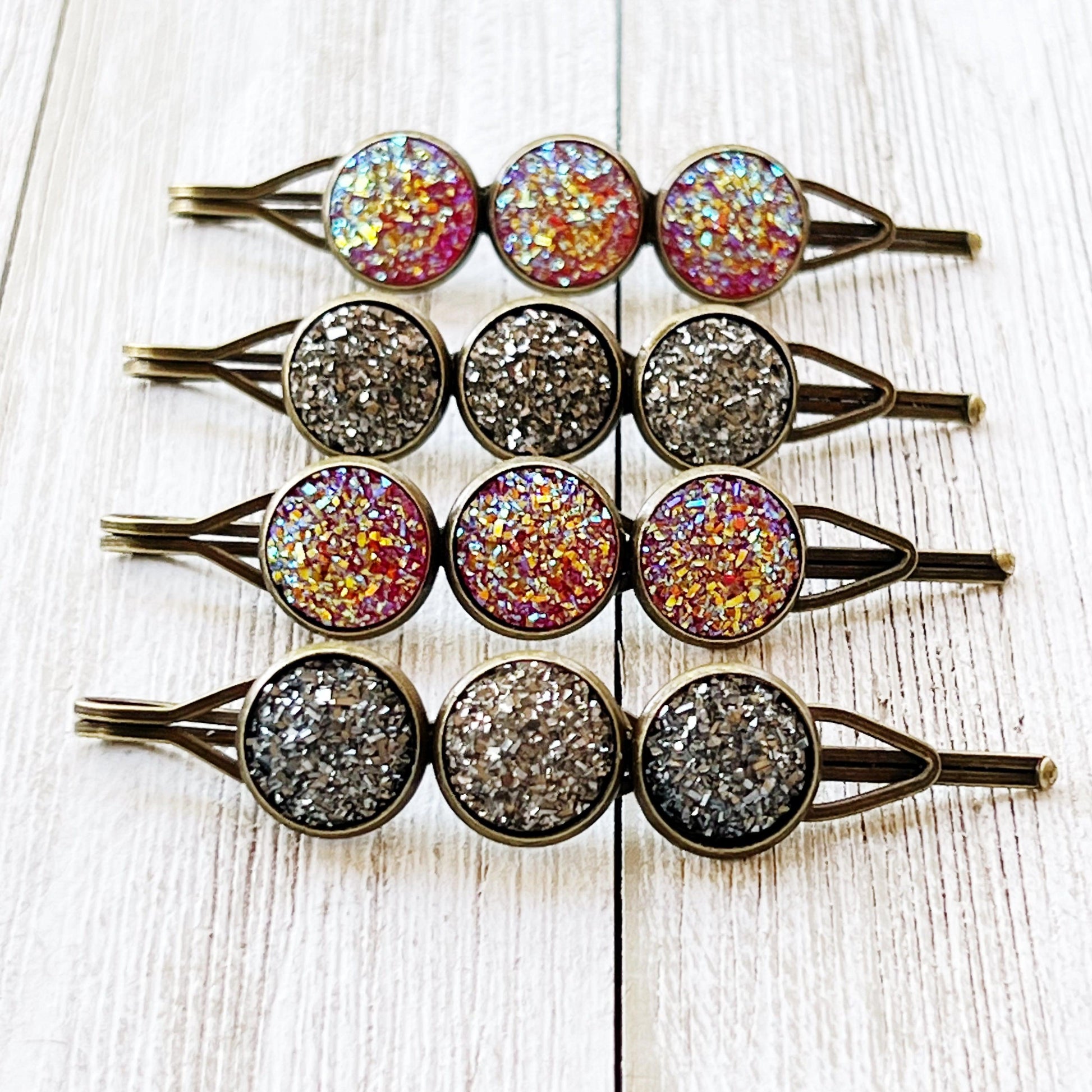 Metallic Gray & Pink Druzy Bobby Pins: Set of 4 Stylish Hair Accessories for Every Occasion