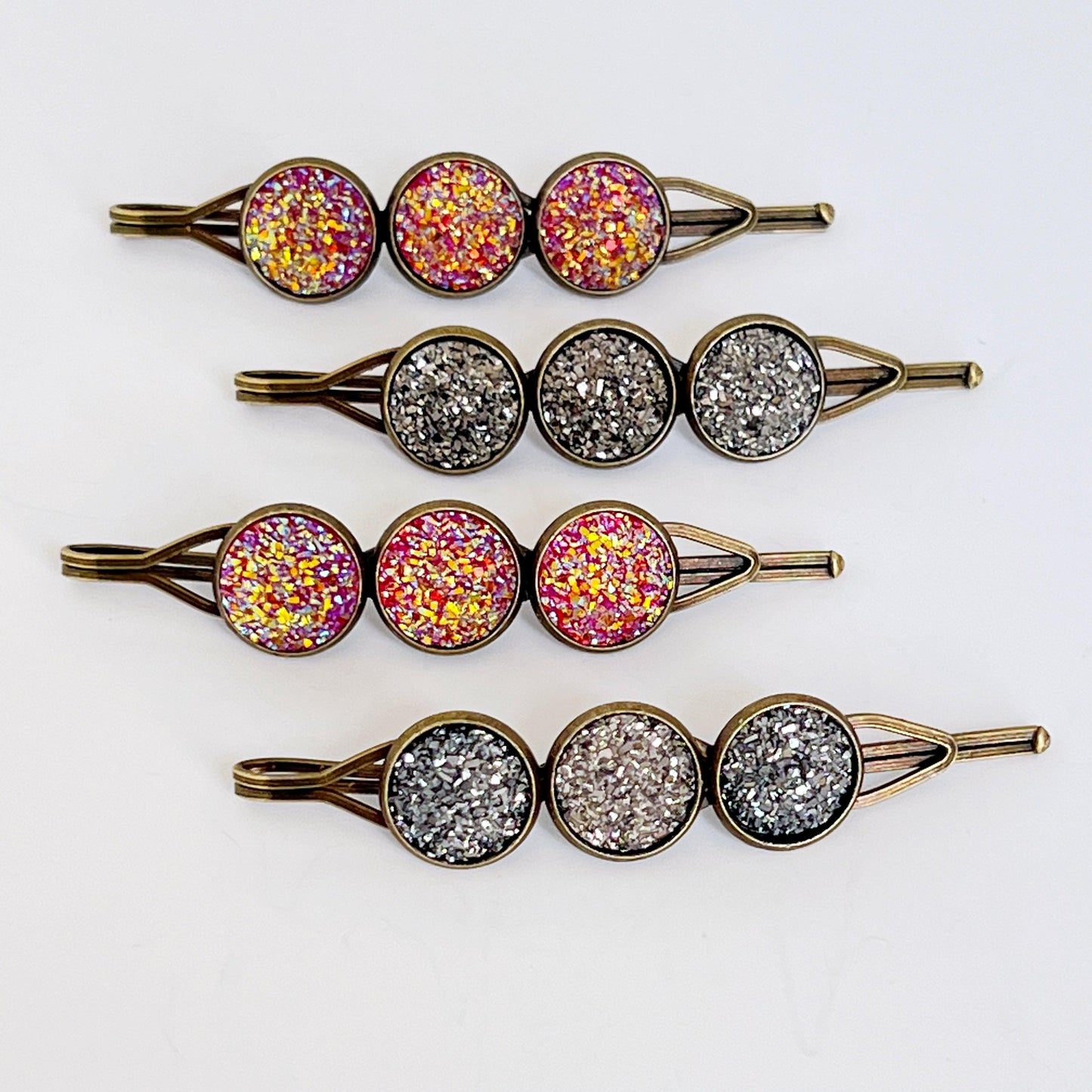 Metallic Gray & Pink Druzy Bobby Pins: Set of 4 Stylish Hair Accessories for Every Occasion