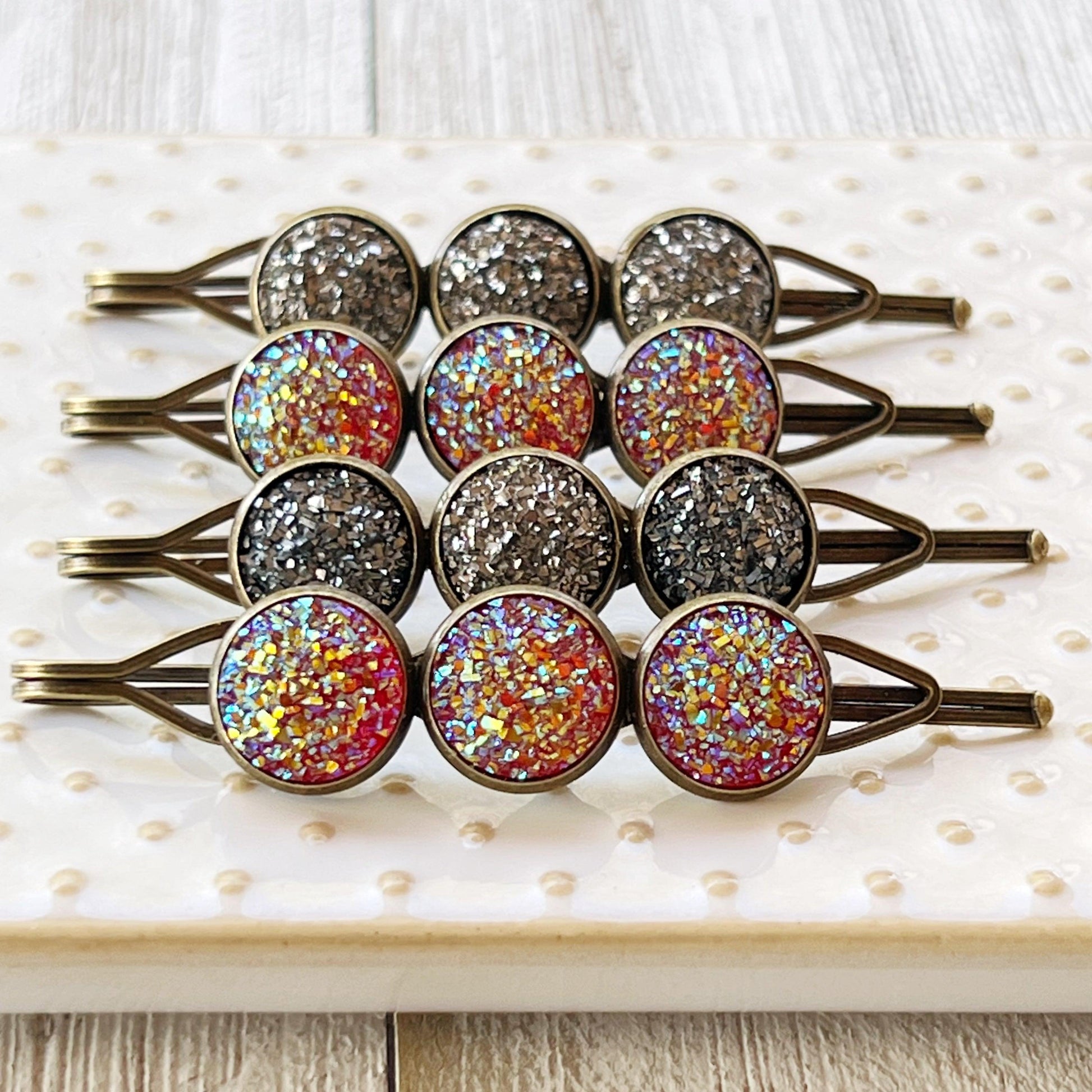 Metallic Gray & Pink Druzy Bobby Pins: Set of 4 Stylish Hair Accessories for Every Occasion