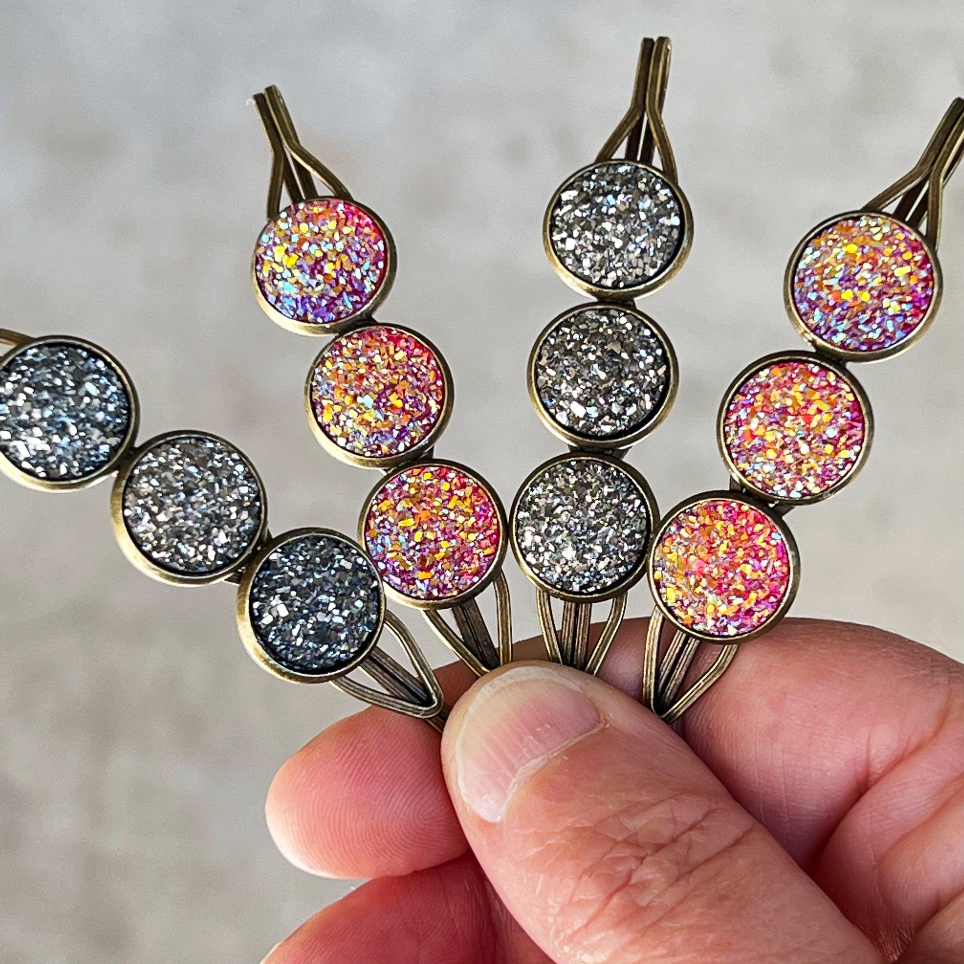 Metallic Gray & Pink Druzy Bobby Pins: Set of 4 Stylish Hair Accessories for Every Occasion