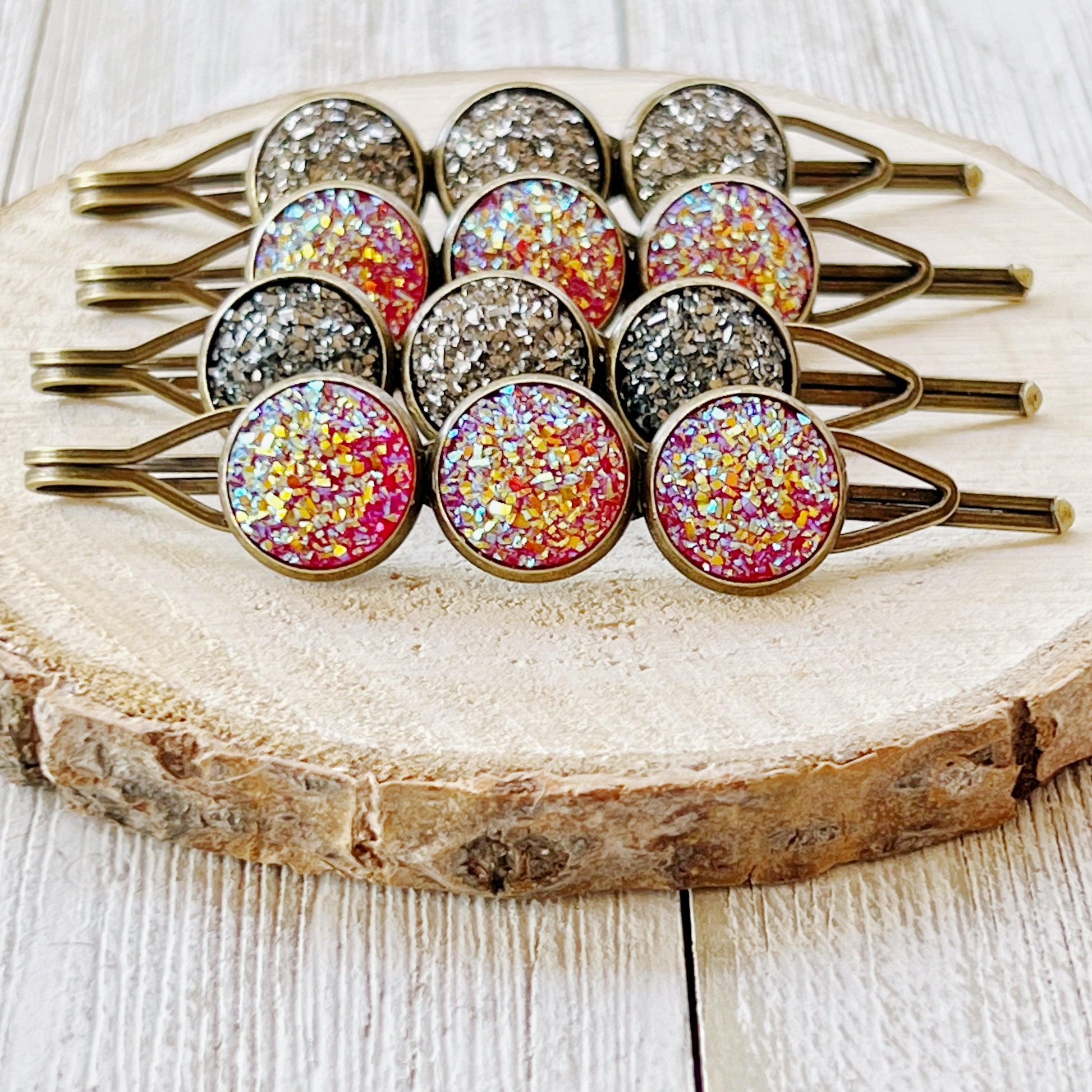 Metallic Gray & Pink Druzy Bobby Pins: Set of 4 Stylish Hair Accessories for Every Occasion