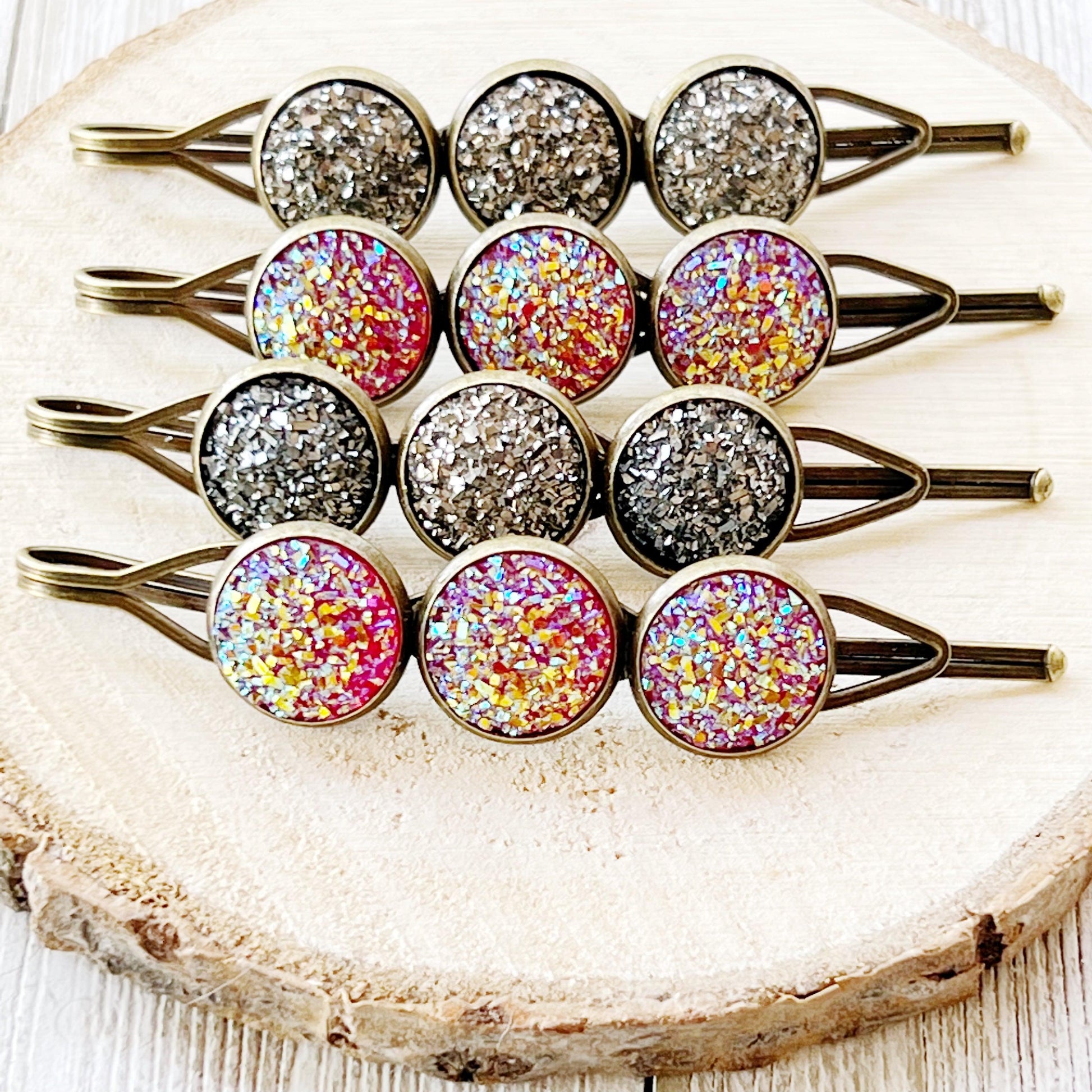 Metallic Gray & Pink Druzy Bobby Pins: Set of 4 Stylish Hair Accessories for Every Occasion