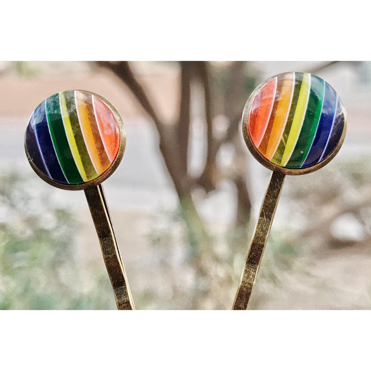 Rainbow Striped Brass Hair Pins - Colorful and Stylish Accessories