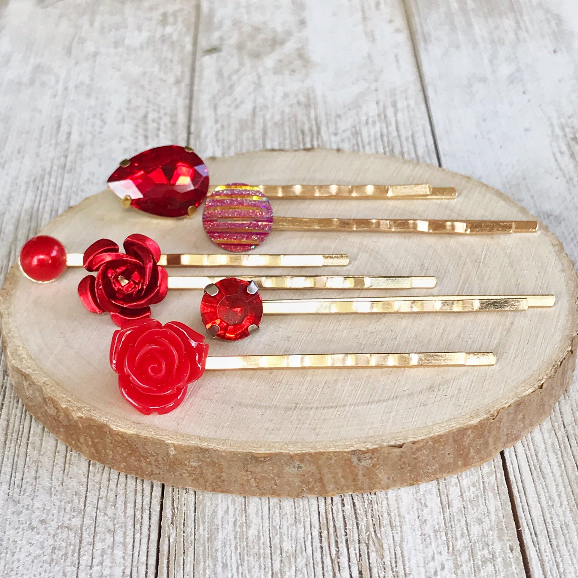 Red Gold Hair Pin, Neutral Hair Pins, Minimalist Wedding Hair Jewelry, Womens Hair Clips, Modern Bobby Pins, Red Hair Barrettes, Red Flowers