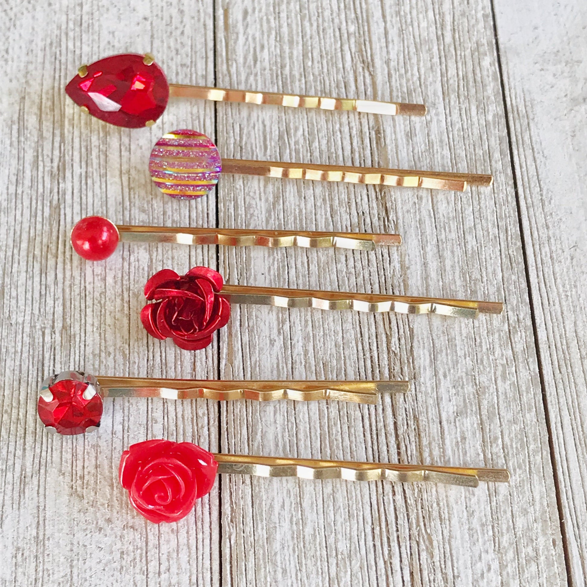 Red Gold Hair Pin, Neutral Hair Pins, Minimalist Wedding Hair Jewelry, Womens Hair Clips, Modern Bobby Pins, Red Hair Barrettes, Red Flowers