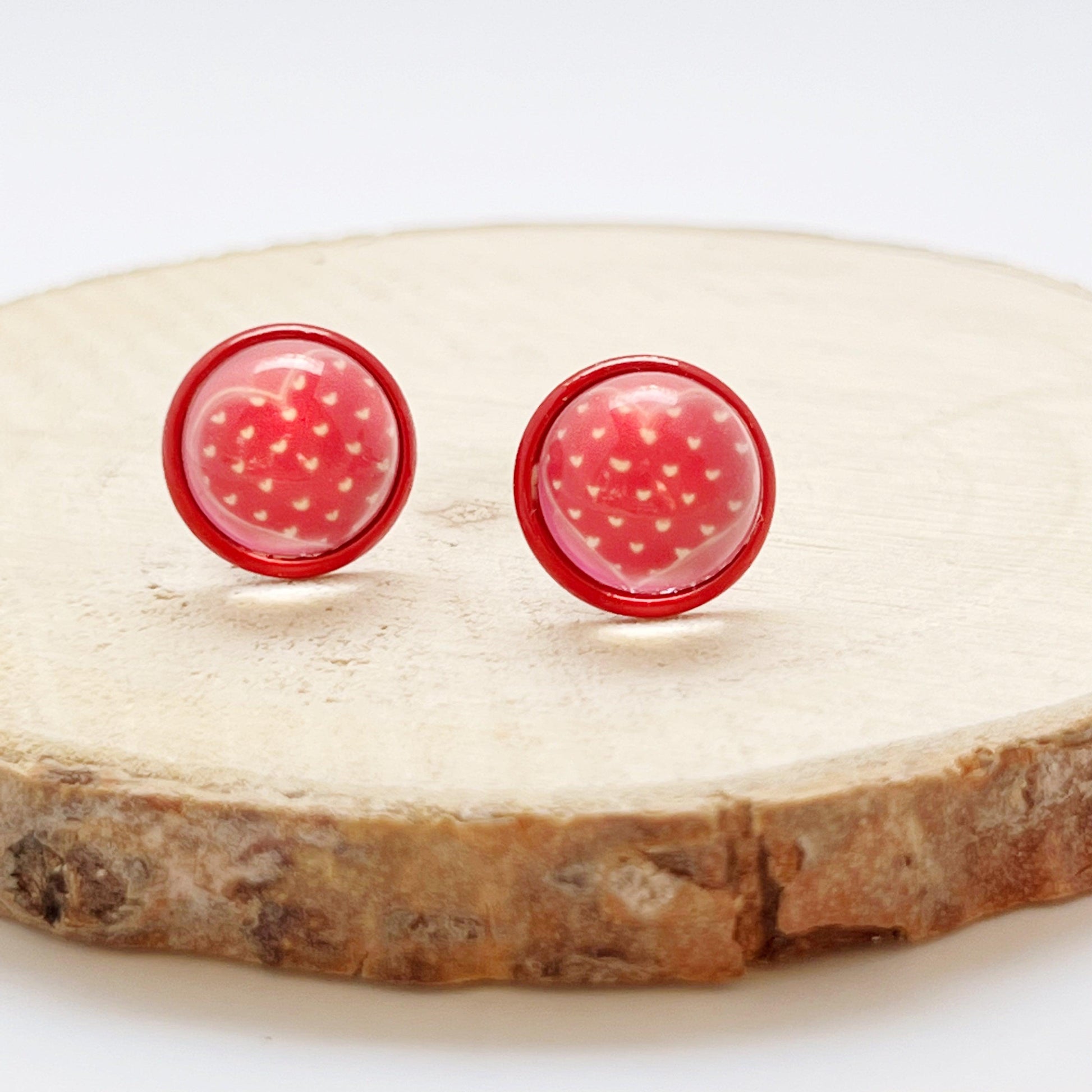 Pink, Red & White Polka Dot Heart Stud Earrings: Playful & Romantic Accessories