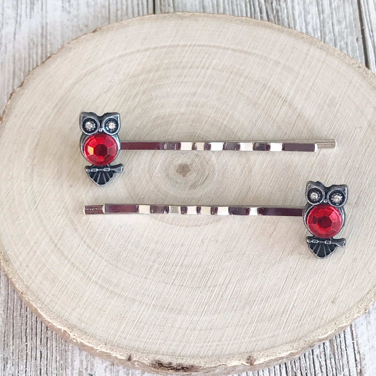 Red Rhinestone Owl Bobby Pins: Sparkling Owl Accents for Unique Hairstyles