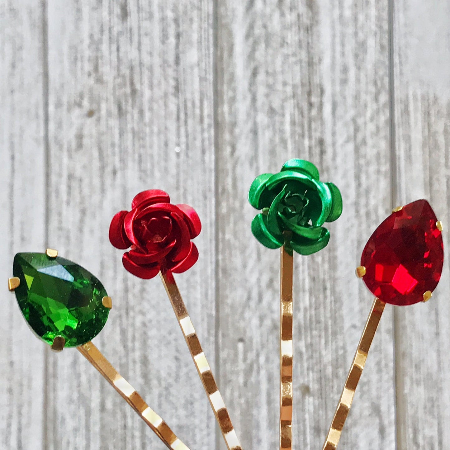 Red and Green Rhinestone Flower Hair Pins, Flower Hair Pins, Womens Hair Pin, Emerald Green Bobby Pins, Wedding Hair Pins