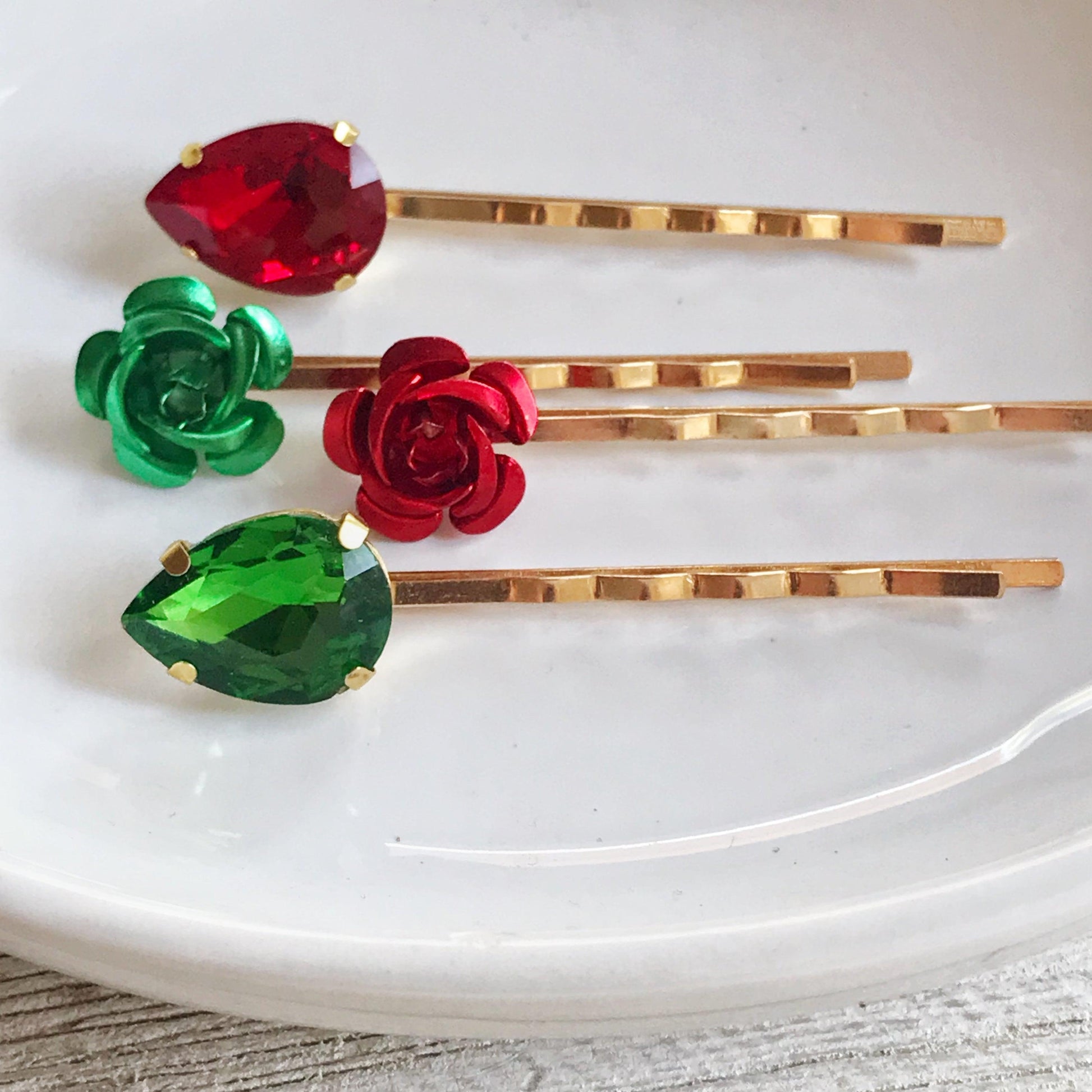 Red and Green Rhinestone Flower Hair Pins, Flower Hair Pins, Womens Hair Pin, Emerald Green Bobby Pins, Wedding Hair Pins