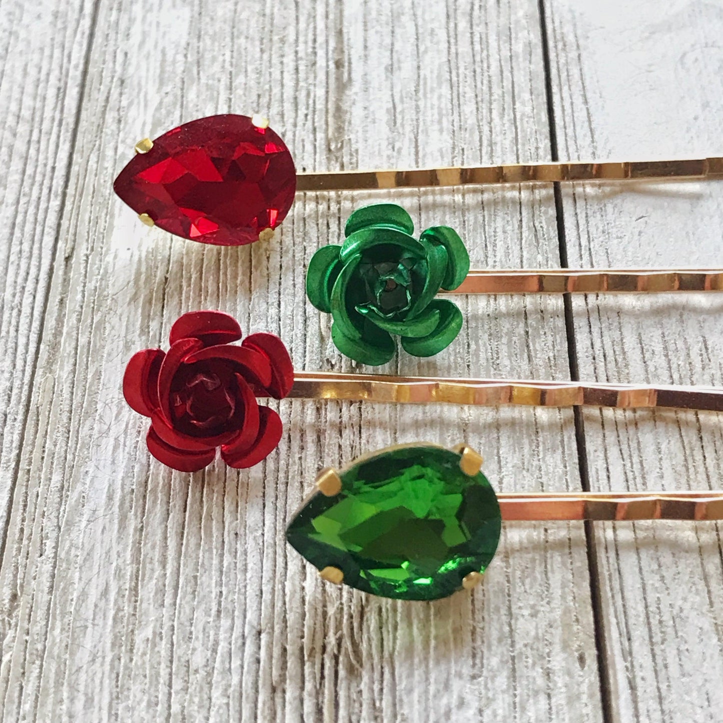 Red and Green Rhinestone Flower Hair Pins, Flower Hair Pins, Womens Hair Pin, Emerald Green Bobby Pins, Wedding Hair Pins