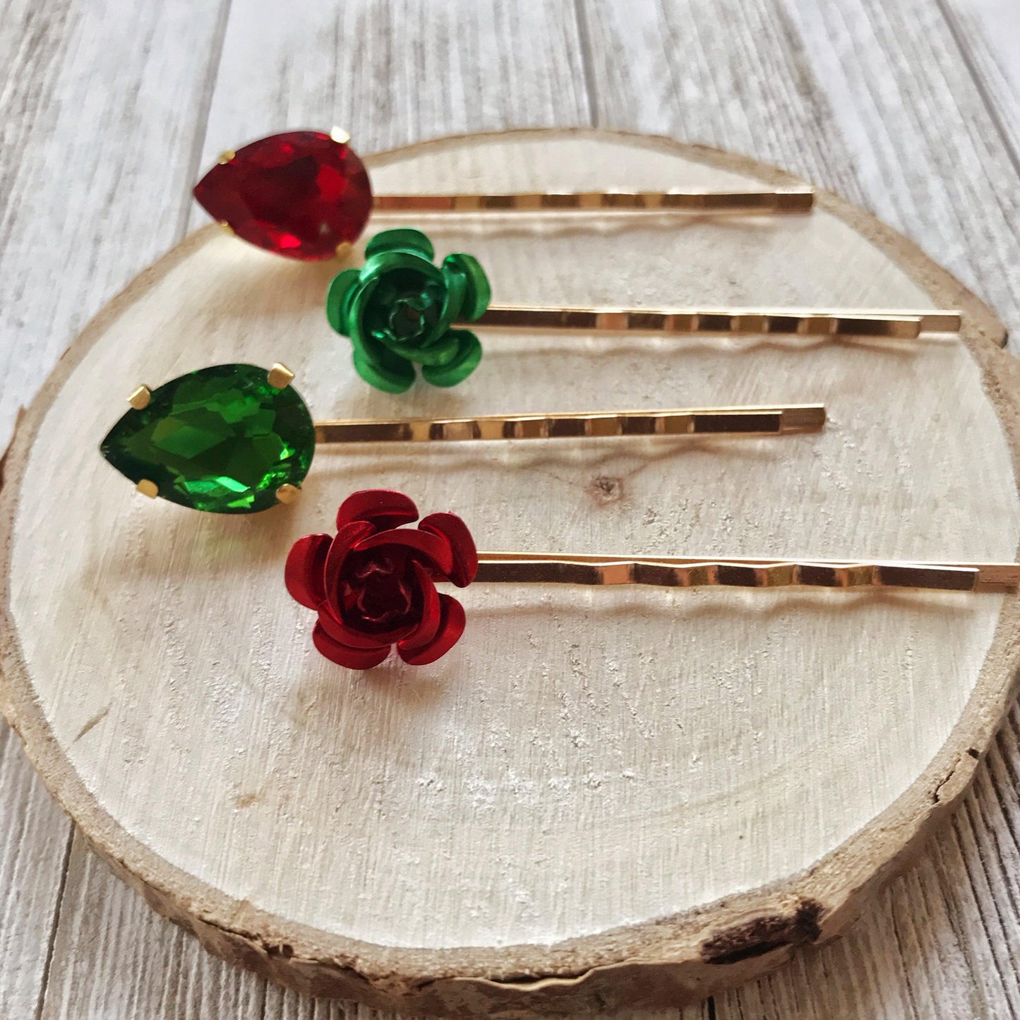 Red and Green Rhinestone Flower Hair Pins, Flower Hair Pins, Womens Hair Pin, Emerald Green Bobby Pins, Wedding Hair Pins