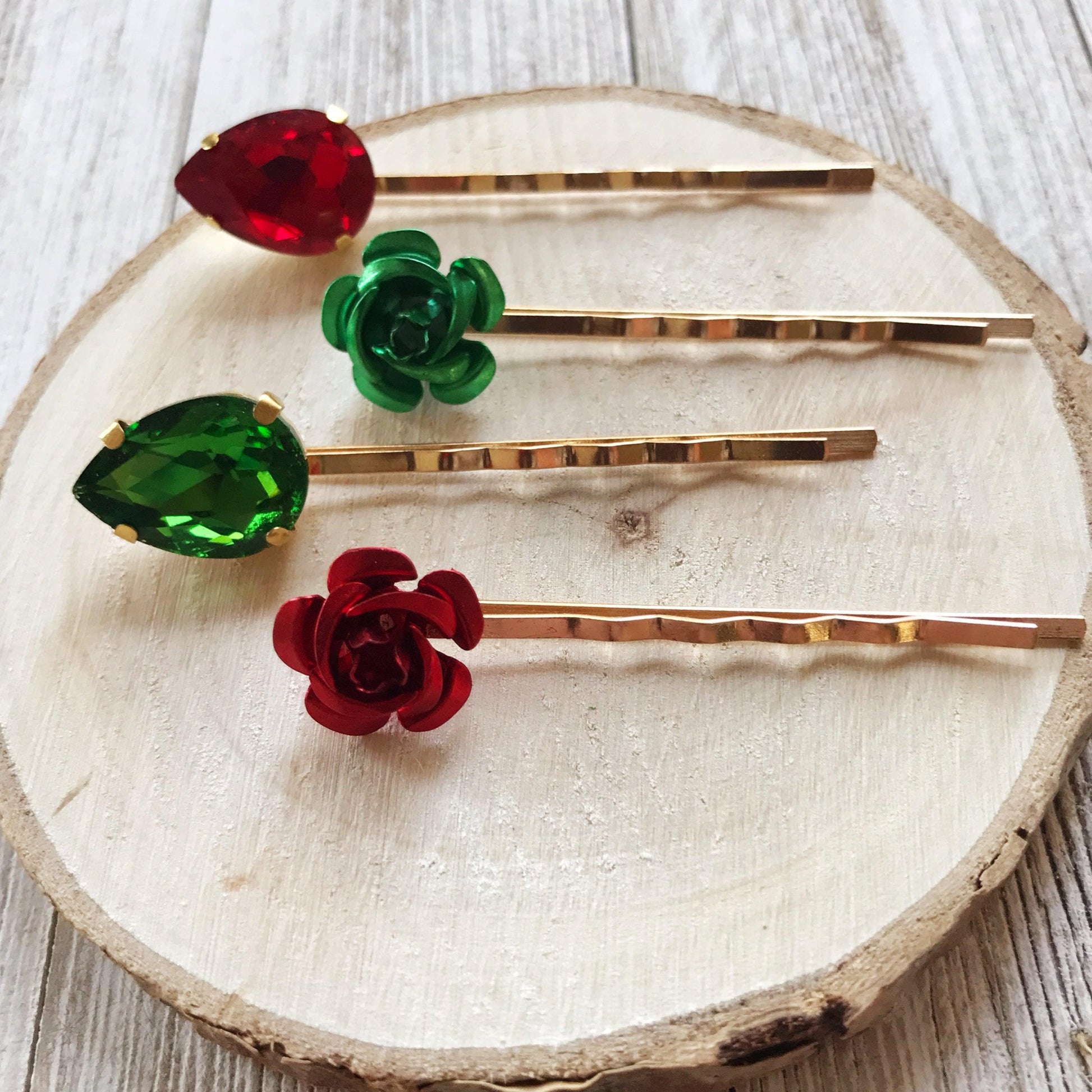 Red and Green Rhinestone Flower Hair Pins, Flower Hair Pins, Womens Hair Pin, Emerald Green Bobby Pins, Wedding Hair Pins