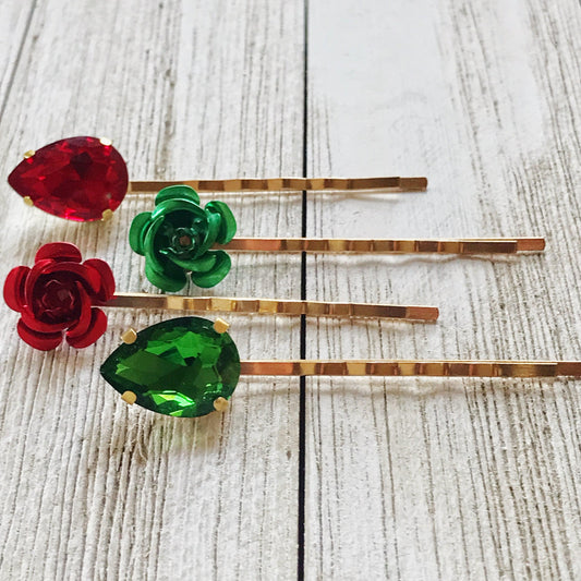 Red and Green Rhinestone Flower Hair Pins, Flower Hair Pins, Womens Hair Pin, Emerald Green Bobby Pins, Wedding Hair Pins