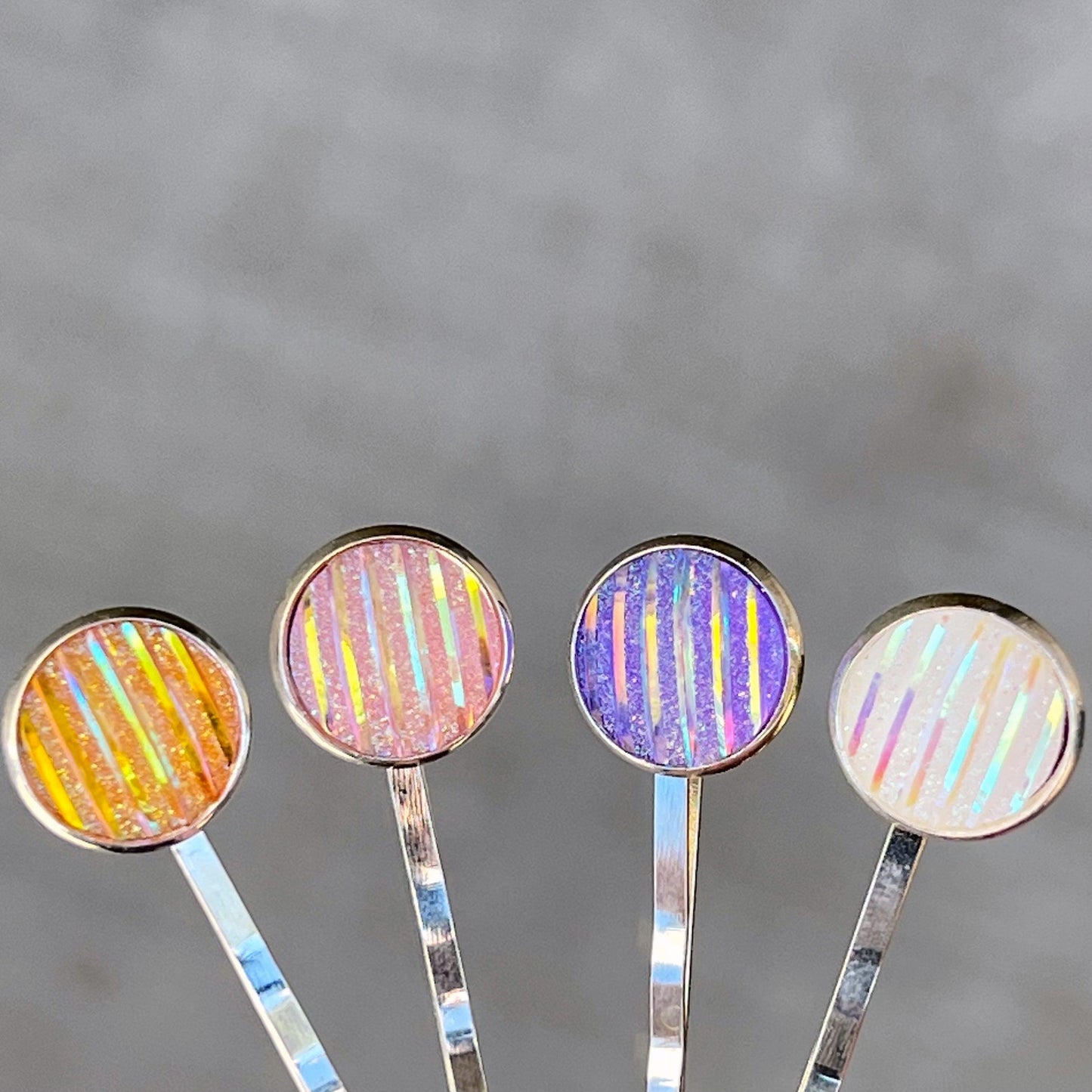 Set of 4 Silver-Toned Hair Pins: Vibrant Accents in Purple, Yellow, Pink, and White Striped Glitter Design