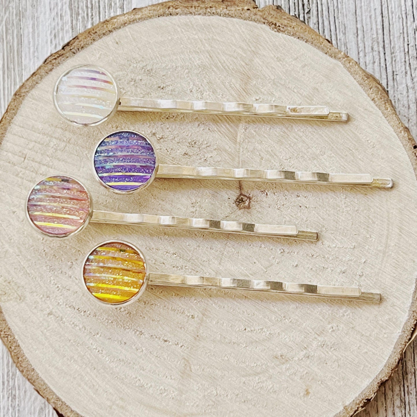 Set of 4 Silver-Toned Hair Pins: Vibrant Accents in Purple, Yellow, Pink, and White Striped Glitter Design