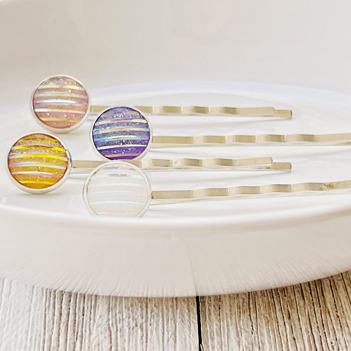 Set of 4 Silver-Toned Hair Pins: Vibrant Accents in Purple, Yellow, Pink, and White Striped Glitter Design