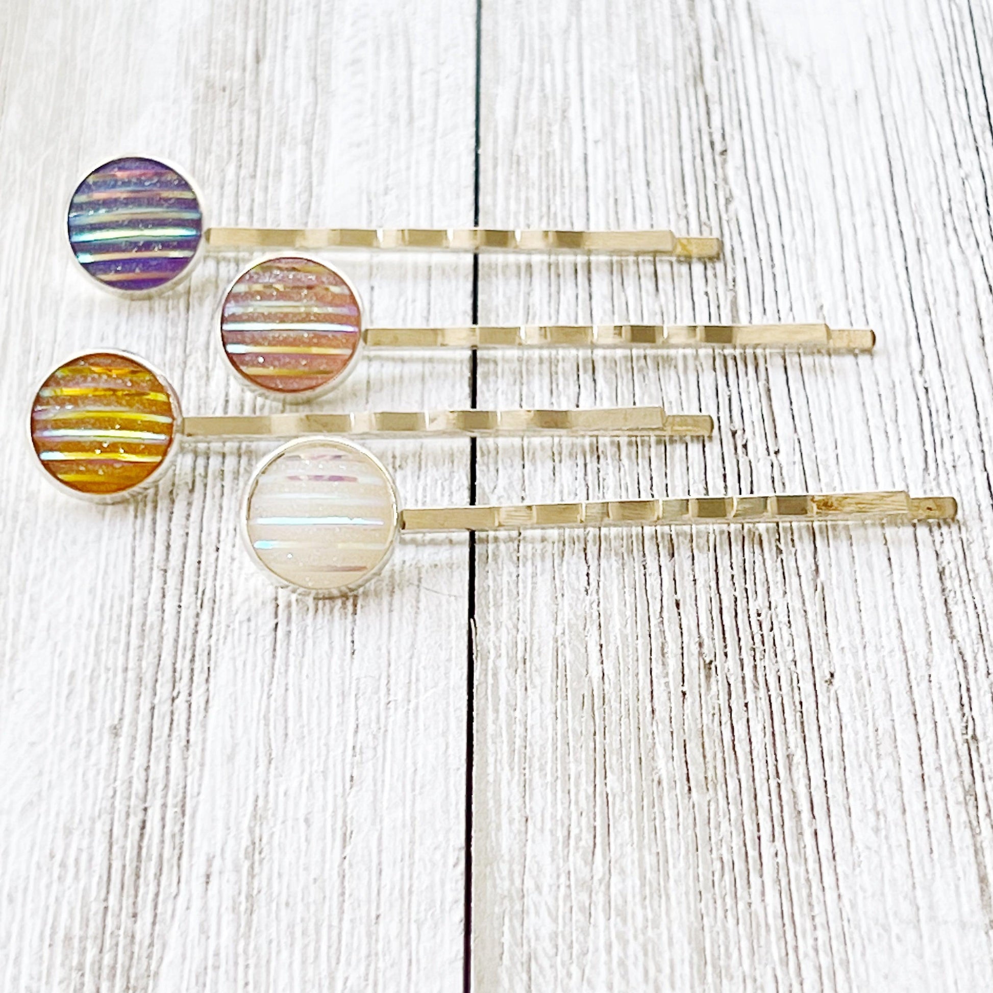 Set of 4 Silver-Toned Hair Pins: Vibrant Accents in Purple, Yellow, Pink, and White Striped Glitter Design