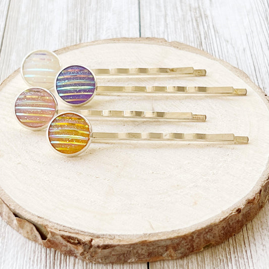 Set of 4 Silver-Toned Hair Pins: Vibrant Accents in Purple, Yellow, Pink, and White Striped Glitter Design