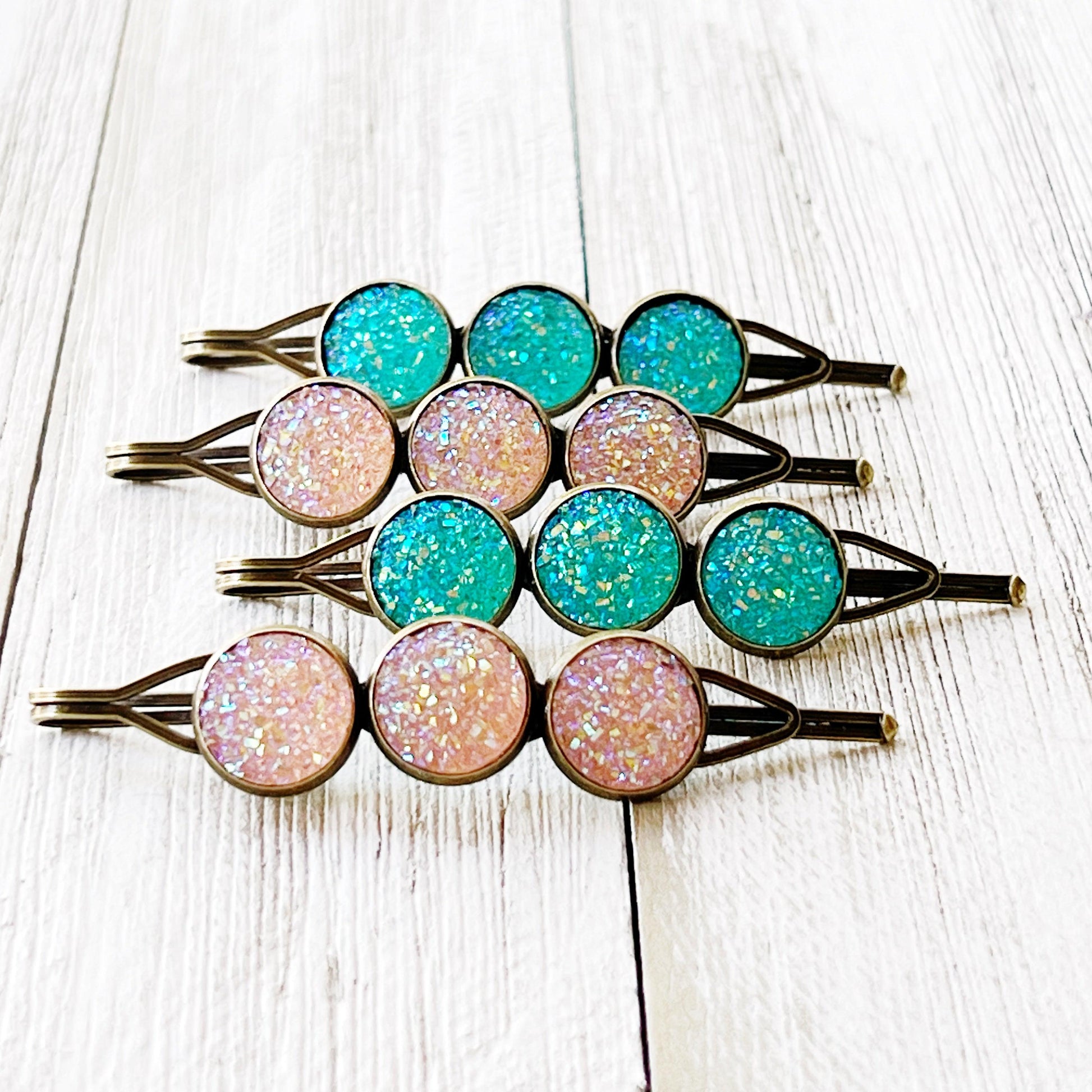 Turquoise & Rose Gold Druzy Hair Pins: Set of 4 Sparkling Accents for Boho Chic Hairstyles