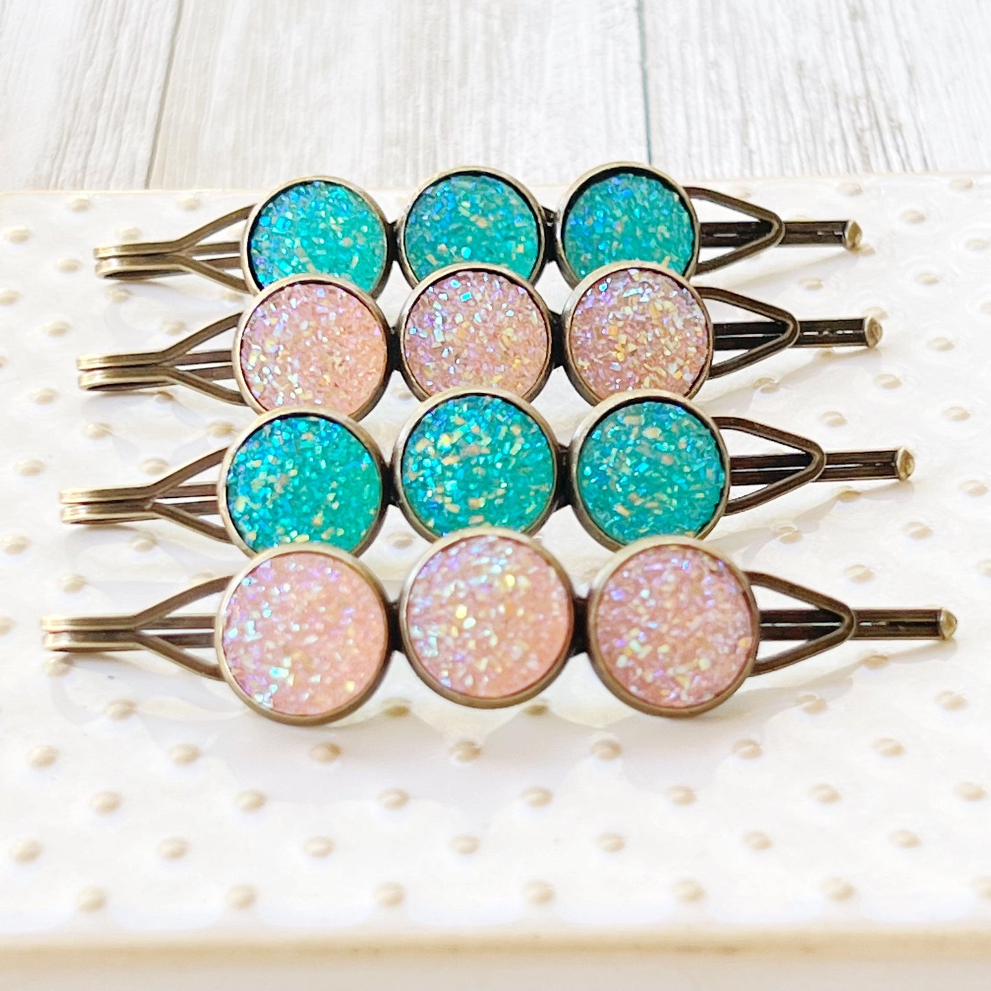 Turquoise & Rose Gold Druzy Hair Pins: Set of 4 Sparkling Accents for Boho Chic Hairstyles