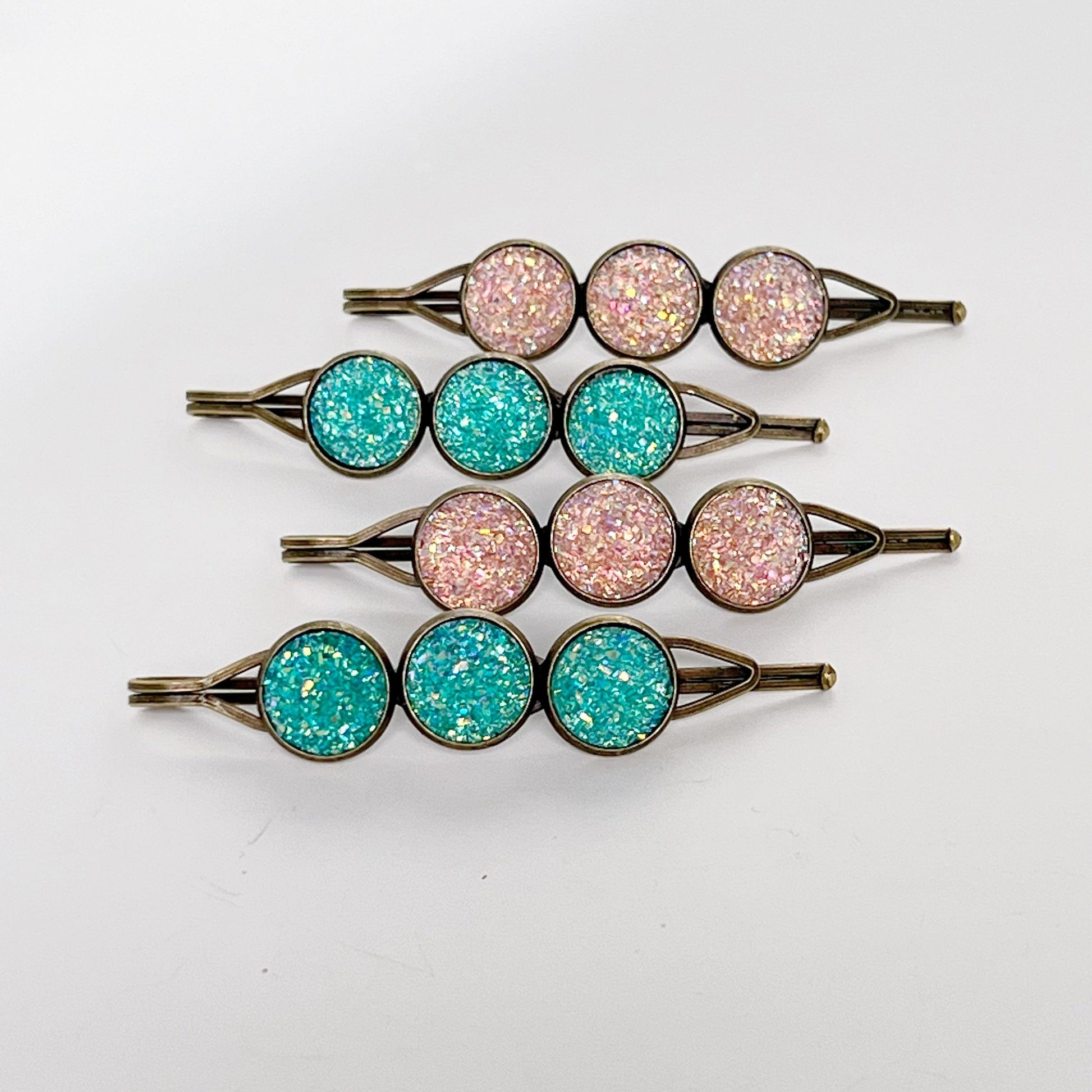 Turquoise & Rose Gold Druzy Hair Pins: Set of 4 Sparkling Accents for Boho Chic Hairstyles