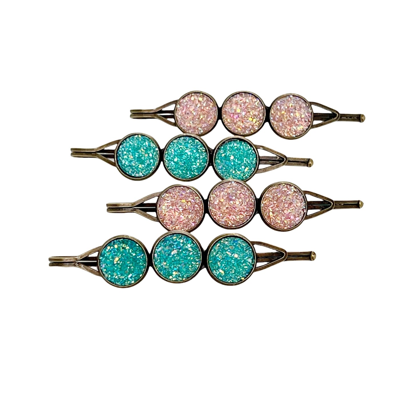 Turquoise & Rose Gold Druzy Hair Pins: Set of 4 Sparkling Accents for Boho Chic Hairstyles